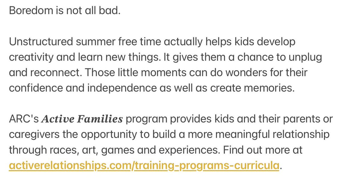 Boredom is not all bad.

Unstructured summer free time actually helps kids develop creativity and learn new things. tinyurl.com/ARCarticle264

ARC's Active Families gives kids and parents or caregivers the opportunity to build a more meaningful relationship. tinyurl.com/ActiveRelaProg…