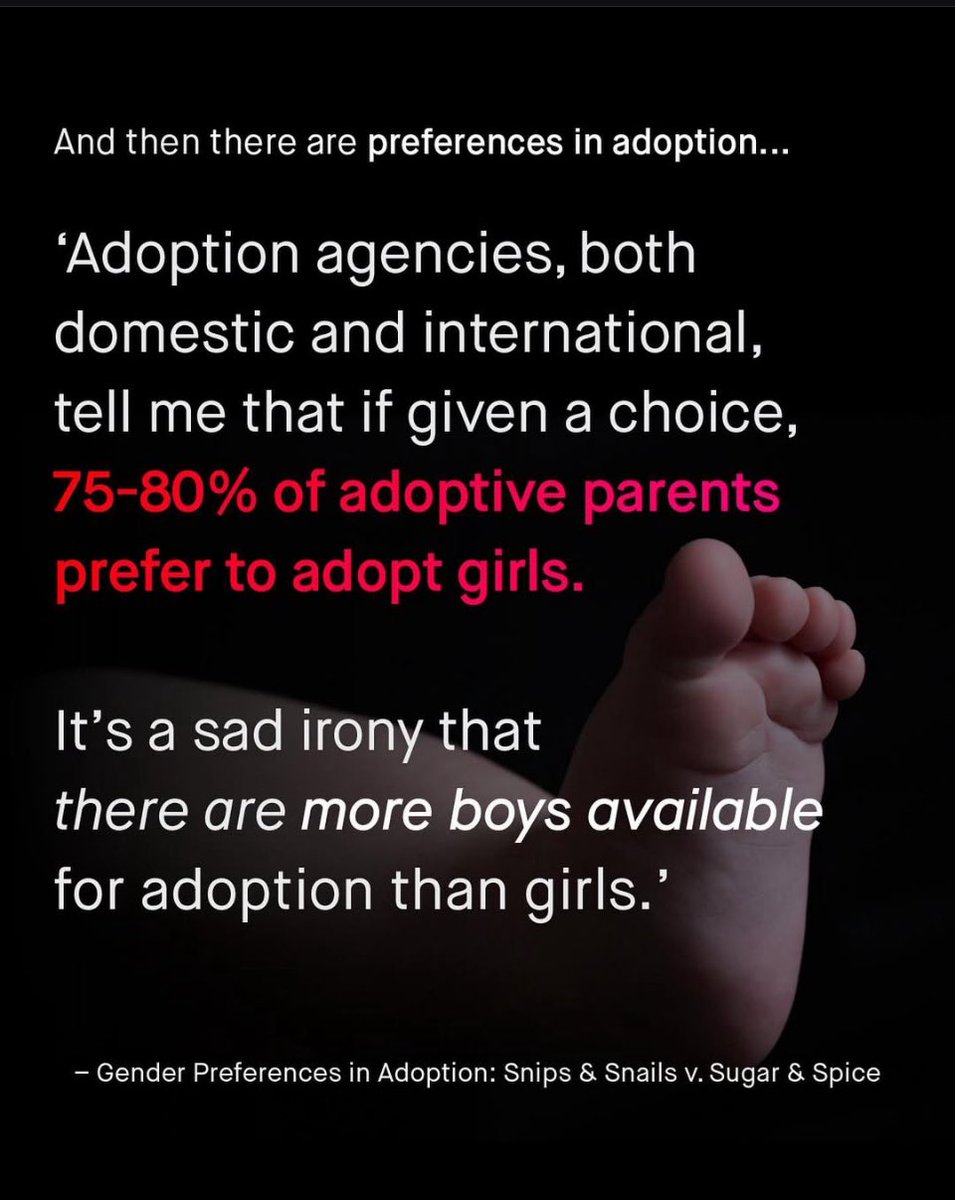 ‘The Daughter Preference’ is nothing new. As adoption agencies know, it’s that black boys that are always last to go 😔

Source
Variations in attitudinal gender preferences for children across 50 less-developed countries
demographic-research.org/articles/volum…