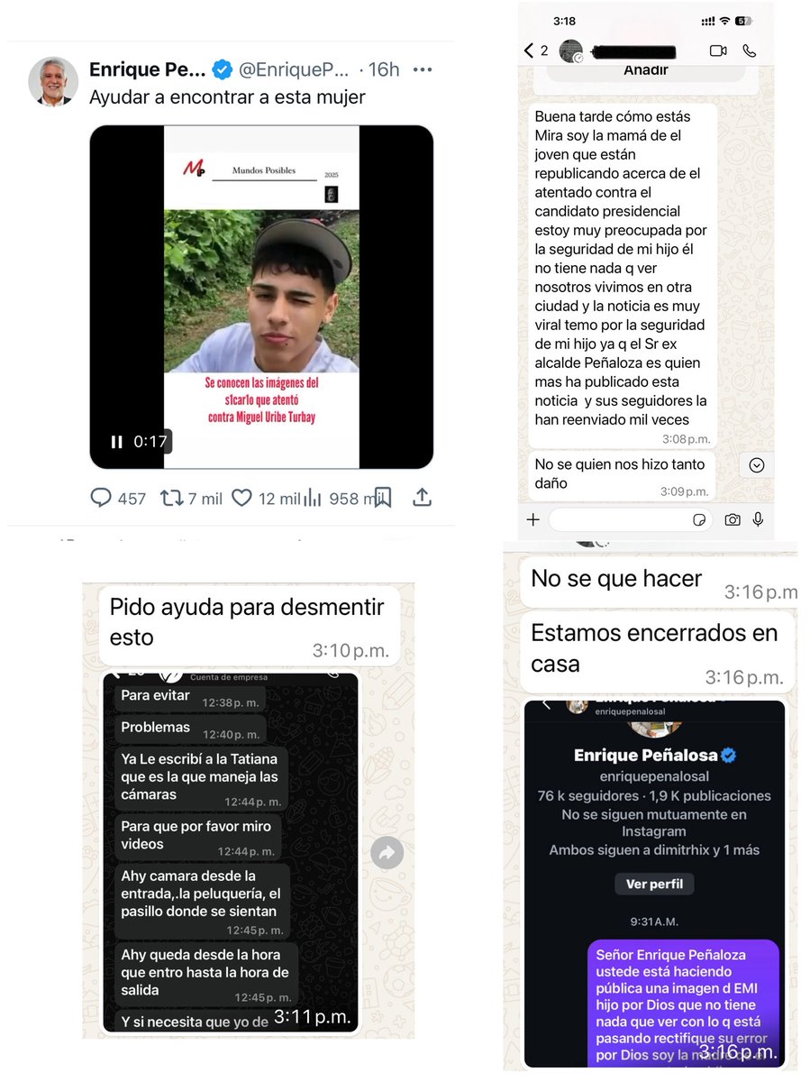 "Esto es muy delicado, señor presidente <a href="/petrogustavo/">Gustavo Petro</a> y señor ministro de Defensa <a href="/PedroSanchezCol/">Pedro Arnulfo Sanchez S. Orgullosamente Colombiano</a>. Están publicando la imagen de una persona que, al parecer, nada tiene que ver con el atentado contra el candidato presidencial Miguel Uribe (<a href="/MiguelUribeT/">Miguel Uribe</a>).

En estos momentos, me