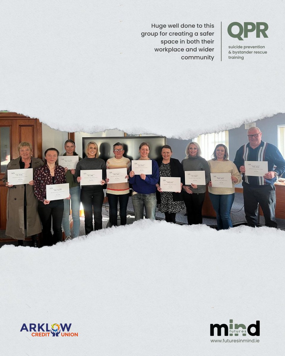 Futures In Mind (@futures_in_mind) on Twitter photo 👏 A big thank you to the team at Arklow <a href="/creditunionie/">Credit Union</a> for completing QPR Gatekeeper Suicide Prevention Training with Futures In Mind.
Your dedication to recognising signs of crisis, confidently asking tough questions, and providing compassionate support could genuinely save 👏 A big thank you to the team at Arklow <a href="/creditunionie/">Credit Union</a> for completing QPR Gatekeeper Suicide Prevention Training with Futures In Mind.
Your dedication to recognising signs of crisis, confidently asking tough questions, and providing compassionate support could genuinely save