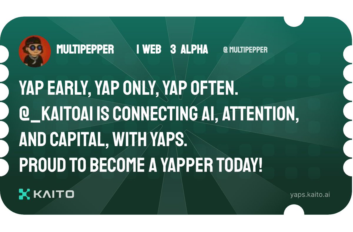 Yap early, yap only, yap often.

<a href="/KaitoAI/">Kaito AI 🌊</a> is connecting AI, attention and capital with Yaps.

Just claimed my social card and I'm accumulating Yap points in real-time.

Claim yours 👉 yaps.kaito.ai/referral/16501…