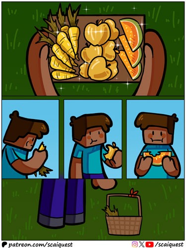 ScaiQuest's tweet image. 🥳New comic: "Midas touch"! A cautionary tale about culinary excess. 🤢

👀Join us on Patreon (patreon.com/scaiquest) for early &amp;amp; behind-the-scenes access, HD art and bonus panels!

#minecraft #minecraftcomic #minecraftart #comicstrip #webcomic #minecraftmemes