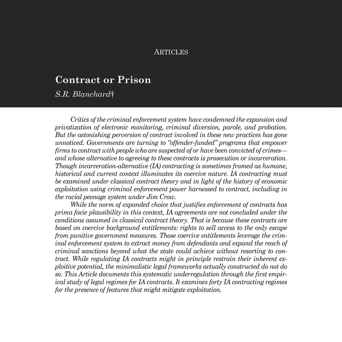 UChiLRev's tweet image. @prof_blanchard examines “offender-funded” alternatives to incarceration and argues that coercive contracts—offered under threat of jail—extend state power and extract wealth from defendants, all while evading meaningful legal regulation.