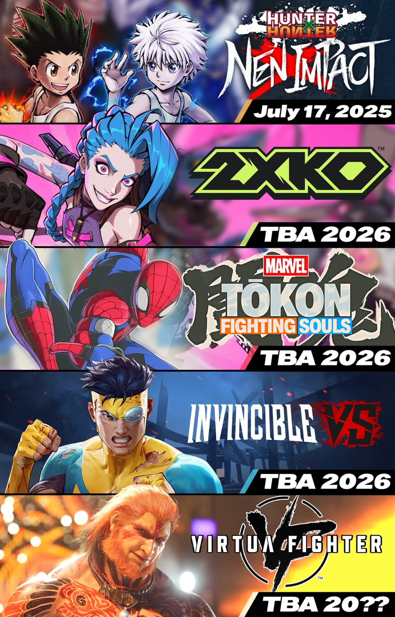 🔔ALL UPCOMING FIGHTING GAMES!

◽ Hunter × Hunter: Nen × Impact
◽ 2XKO
◽ MARVEL Tōkon: Fighting Souls
◽ Invincible VS
◽ VIRTUA FIGHTER

We are eating sooo good right now!