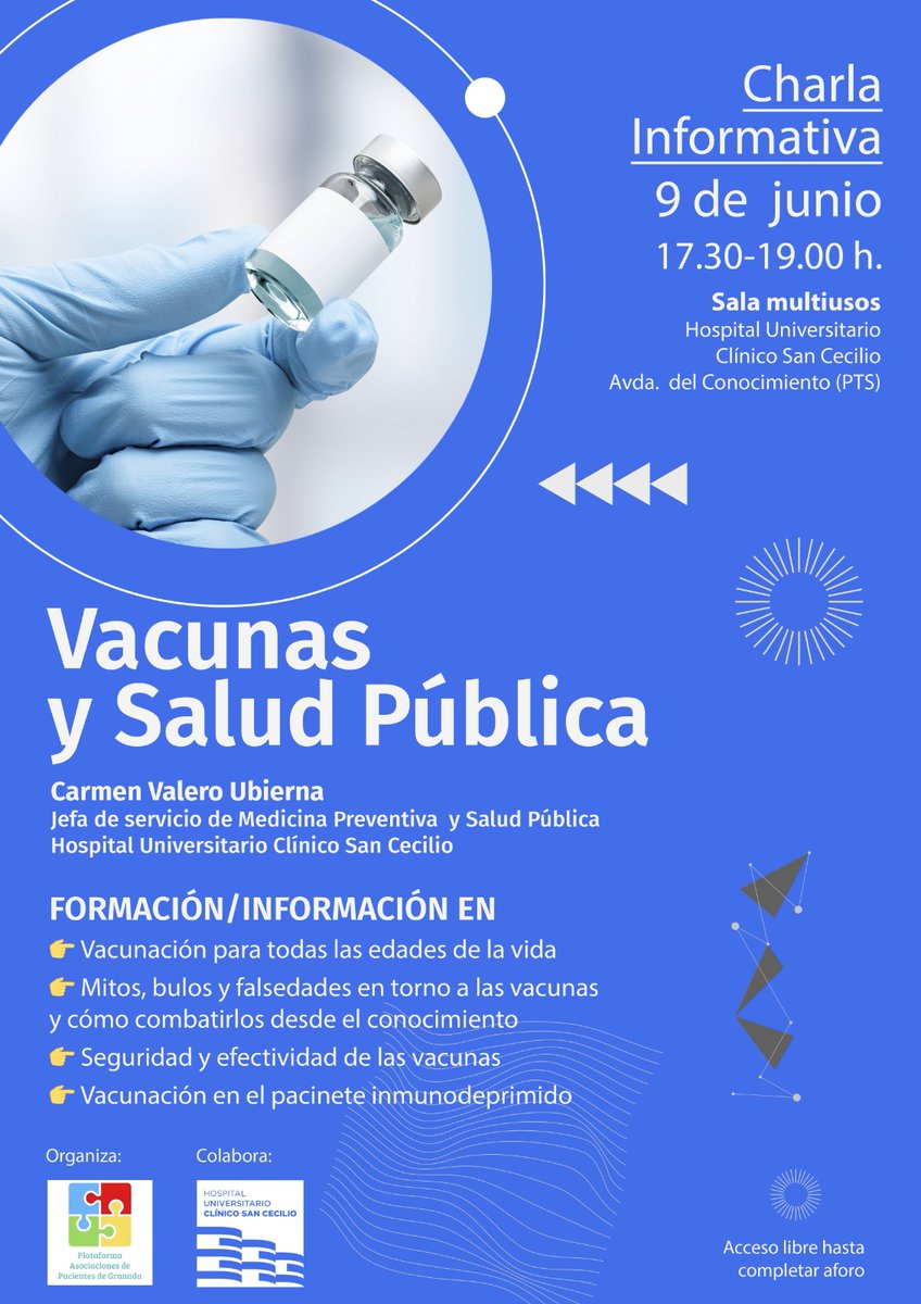 Plataforma Asociaciones de Pacientes de Granada (@pl_pacientesgr) on Twitter photo ATENCIÓN! MAÑANA
Jornada "Vacunas y Salud Pública" 💉
📅 *Lunes 9/0
⏰ 17:30h
📍 <a href="/clinicogranada/">Hospital Universitario Clínico San Cecilio</a>
✅ Vacunas en todas las edades
✅ Mitos vs. ciencia
✅ Seguridad y defensas bajas
👩⚕️ Dra. Carmen Valero (Medicina Preventiva)
🚀 #VacunasSeguras
La información salva vidas ATENCIÓN! MAÑANA
Jornada "Vacunas y Salud Pública" 💉
📅 *Lunes 9/0
⏰ 17:30h
📍 <a href="/clinicogranada/">Hospital Universitario Clínico San Cecilio</a>
✅ Vacunas en todas las edades
✅ Mitos vs. ciencia
✅ Seguridad y defensas bajas
👩⚕️ Dra. Carmen Valero (Medicina Preventiva)
🚀 #VacunasSeguras
La información salva vidas
