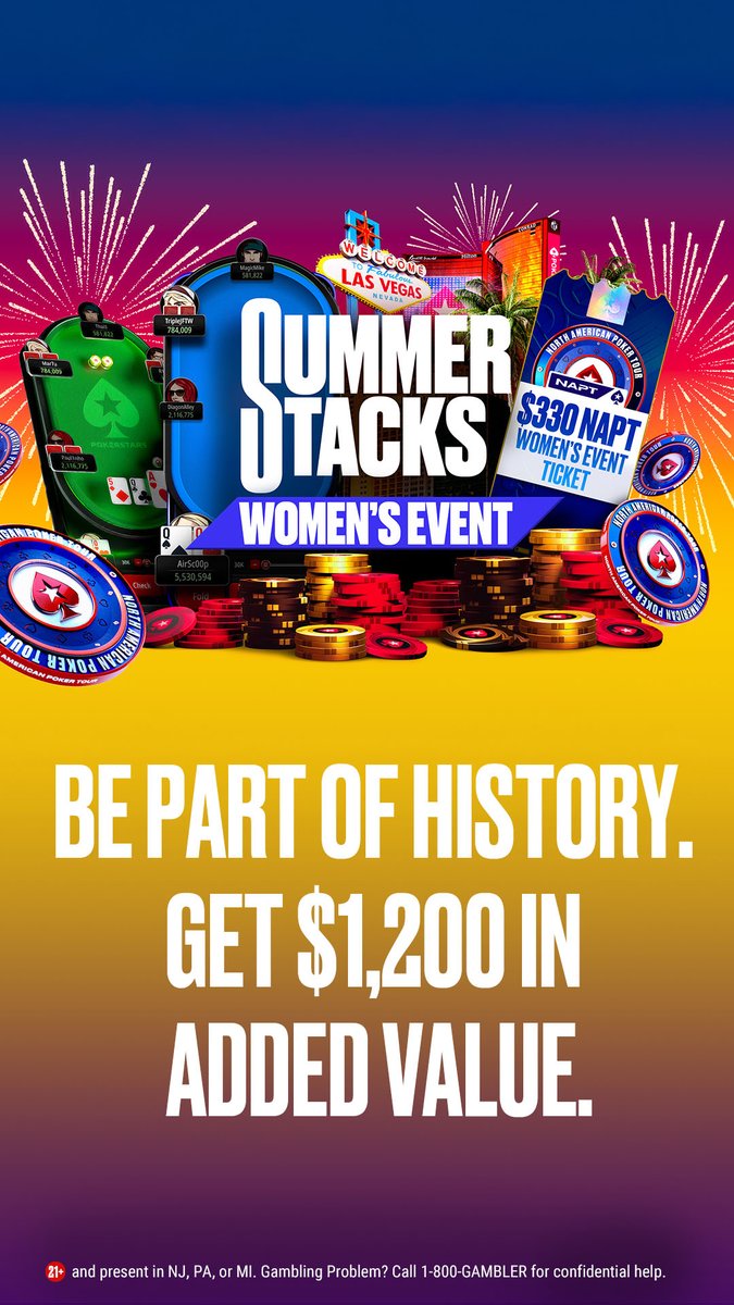 PokerStarsUSA (@pokerstarsusa) on Twitter photo You could win a seat to the NAPT Women’s event in our first ever online Women’s Only event... today!
Introducing the Summer Stacks Women's Sunday at 8pm ET - $30 buy-in, with NAPT packages added to first and second place.
<a href="/womenspkrcal/">womenspokercalendar</a> <a href="/WPAGlobal/">Women's Poker Association</a> <a href="/CaitlinComeskey/">Caitlin Comeskey</a> <a href="/JenShahade/">Jennifer Shahade</a> You could win a seat to the NAPT Women’s event in our first ever online Women’s Only event... today!
Introducing the Summer Stacks Women's Sunday at 8pm ET - $30 buy-in, with NAPT packages added to first and second place.
<a href="/womenspkrcal/">womenspokercalendar</a> <a href="/WPAGlobal/">Women's Poker Association</a> <a href="/CaitlinComeskey/">Caitlin Comeskey</a> <a href="/JenShahade/">Jennifer Shahade</a>