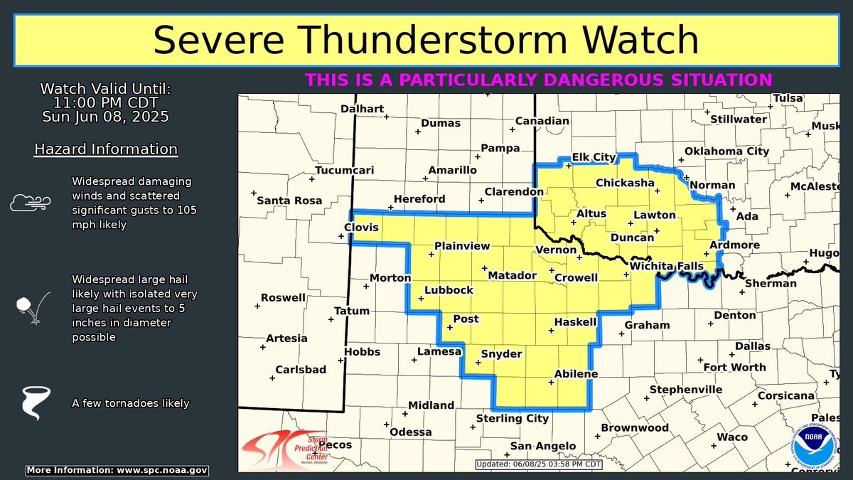 A PDS Severe Thunderstorm Watch is in effect until 11 PM CDT for parts of the Texas South Plains, western North Texas and southwest Oklahoma. Widespread severe winds and very large hail are possible. Stay weather aware this afternoon/evening.