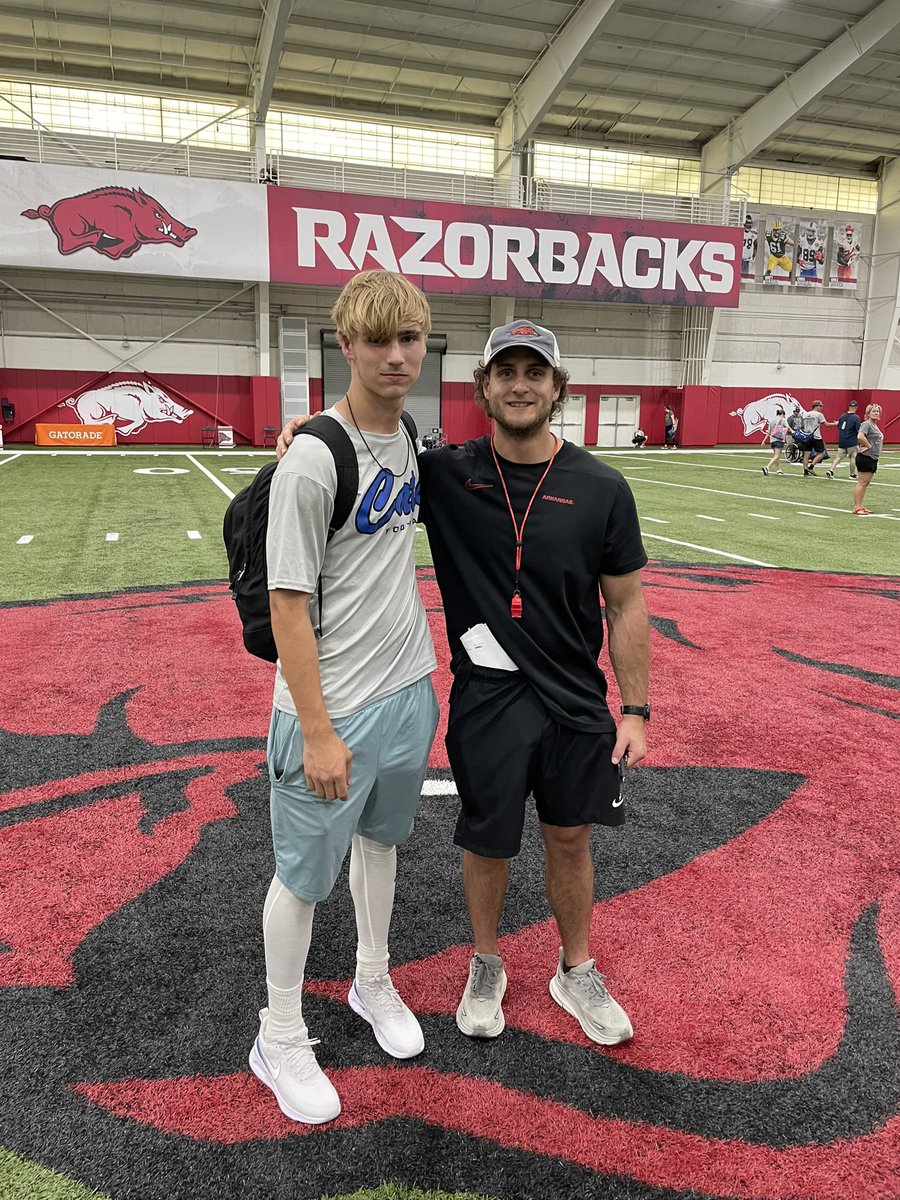 BradCrowell27's tweet photo. Great time today at @RazorbackFB  specialist camp! Went 4/5 in FG charting/comp and had a big ball of 63 in kickoff from the 35 into the wind!  Great experience and looking forward to getting back to work! @DanOrnerKicking @Adam_Dulka @KornblueKicking https://t.co/R1lZ6Xe36s