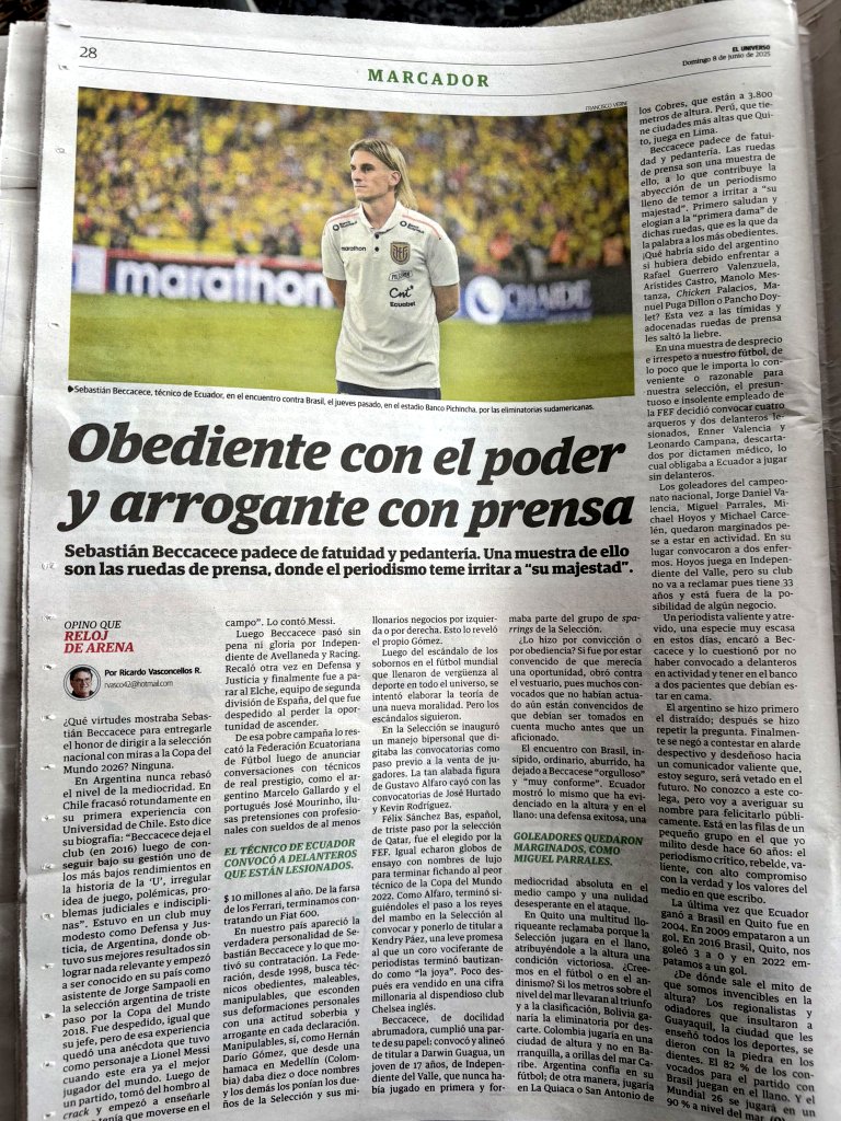 Valentía, vasta cultura y buen estilo definen columnas de Vasconcellos.

Y sí, gran parte de 🇪🇨 coincide con él: <a href="/LaTri/">La Tri 🇪🇨</a> tiene un técnico mediocre y obediente con la dirigencia detrás del 'business' de la FEF. Su real sustento en el cargo.

👏🏽 al periodista que <a href="/SebaBecca/">Sebastian Beccacece</a> desdeñó.