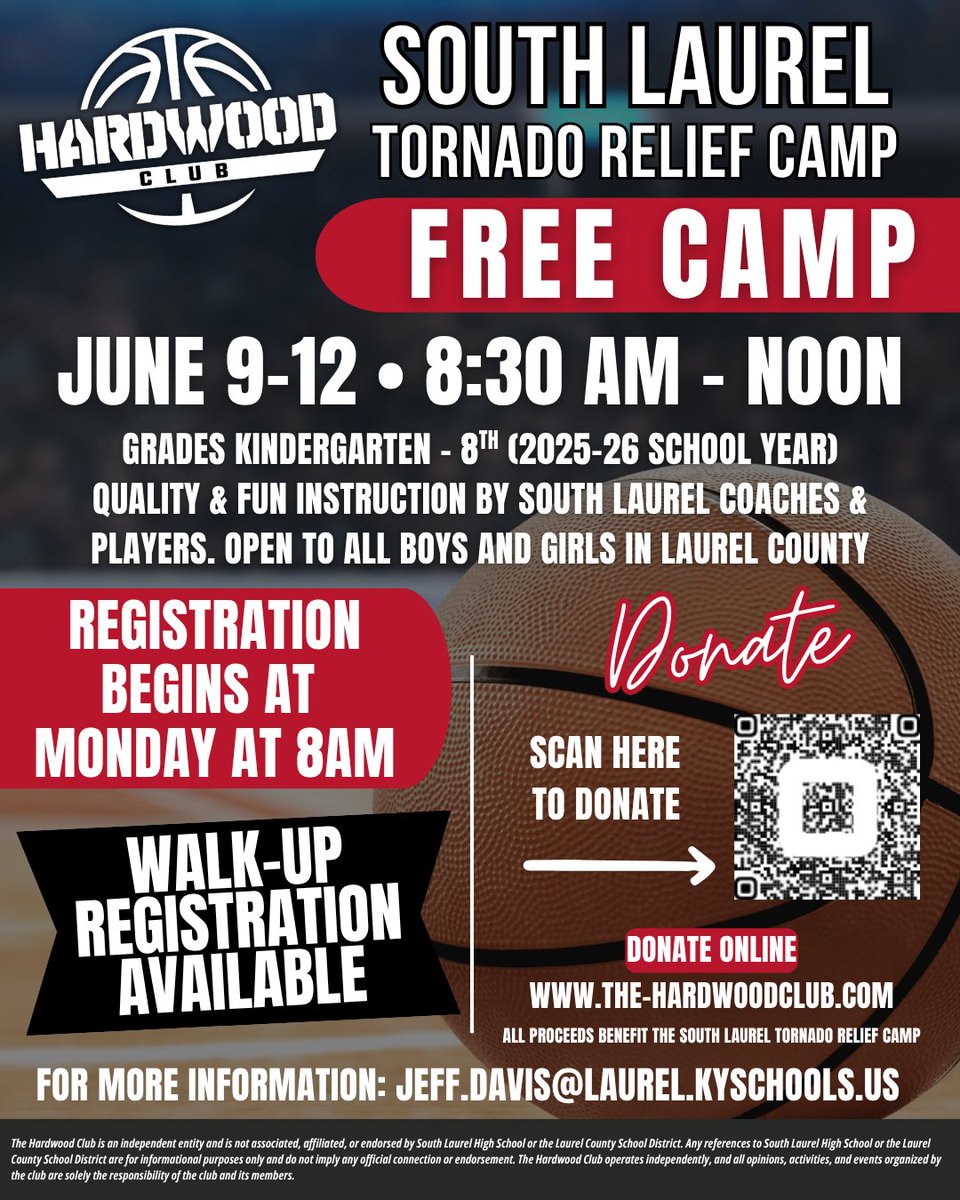 🏀🏀FREE BASKETBALL CAMP BEGINS MONDAY!!🏀🏀
Open to boys and girls!!!

JOIN US! Registration begins at 8 am and walk-ups are still welcome! 

If you would like to donate to this week of great fun for our youth please scan the donation code below.