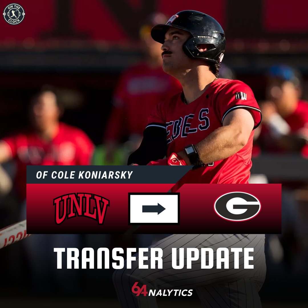 On The Clock | College Baseball and MLB Draft (@ontheclock_1) on Twitter photo BREAKING: Per <a href="/64Analytics/">64Analytics</a>, the Georgia Bulldogs have landed another solid OF in the transfer portal. UNLV's Cole Koniarsky is heading to Athens. Koniarsky slashed .363/.441/.549 with 15 2B, 7 HR, and 47 RBIโ80-grade mustache. Another big time bat for Wes Johnson and company. BREAKING: Per <a href="/64Analytics/">64Analytics</a>, the Georgia Bulldogs have landed another solid OF in the transfer portal. UNLV's Cole Koniarsky is heading to Athens. Koniarsky slashed .363/.441/.549 with 15 2B, 7 HR, and 47 RBIโ80-grade mustache. Another big time bat for Wes Johnson and company.
