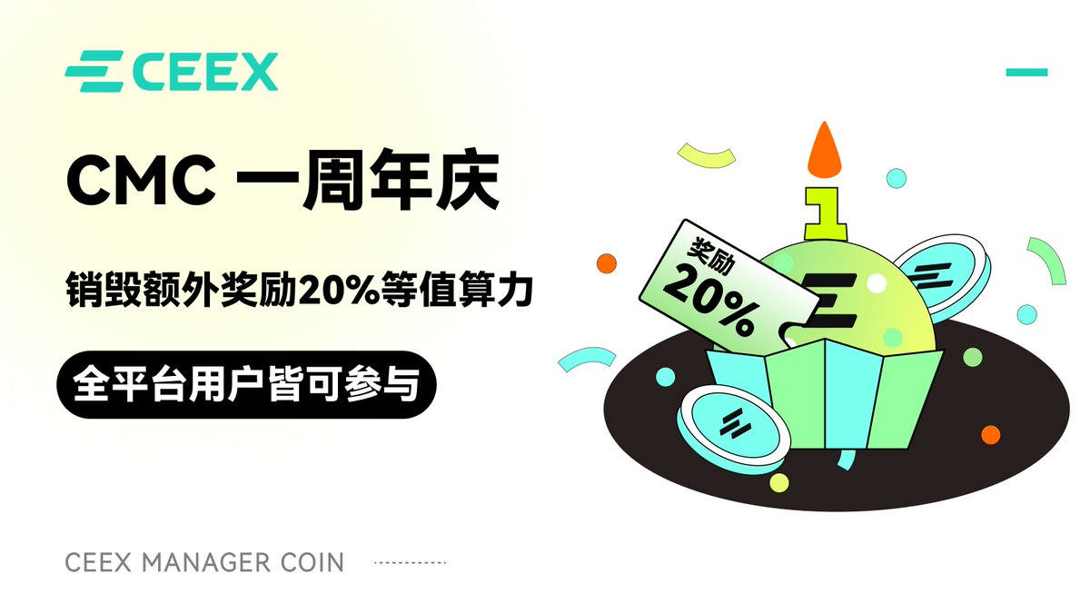 ceexzh's tweet photo. 🚀 CMC上线一周年狂欢开启！

庆祝 #CMC 一周年，超值奖励 & 神秘空投等你来拿！🎉

🔥 新用户首次销毁算力可额外获得 20% 奖励
♻️ 老用户复投销毁同享 20% 加成
🏆 新增算力前100名用户可赢取神秘空投！

🗓️ 活动时间：6月9日 - 7月31日
⛏️ 立即参与：https://t.co/RYUYjhulPZ

#CEEX #CMCAnniversary #Giveaway
