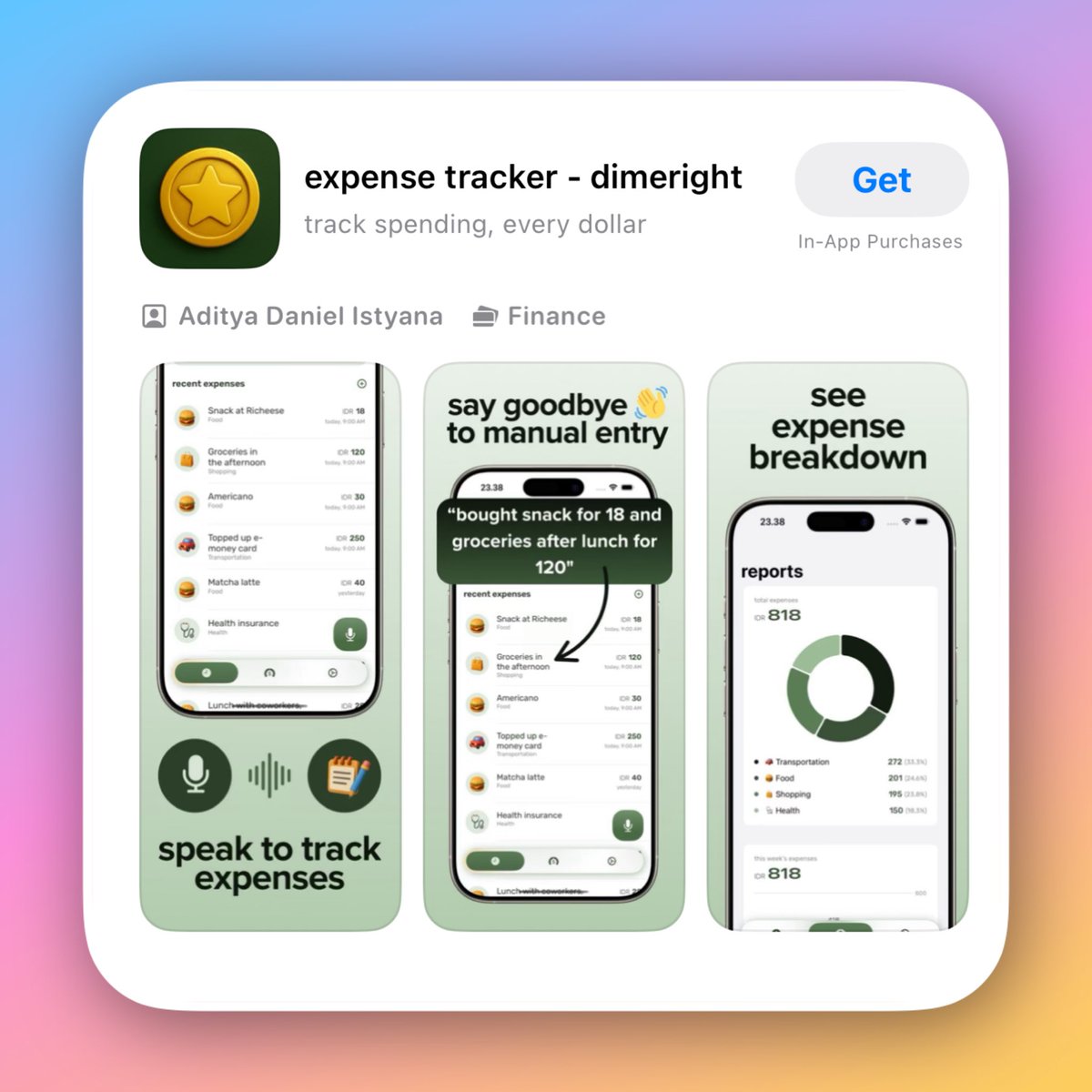 leinadaytida's tweet photo. last week, I released a new app called dimeright! 

you can track your expense by just talking to the app. no need manual entry one by one. 

give it a try and let me know if you have any feedback! 

https://t.co/dIRgey1yQC https://t.co/gi8KpI9pb7