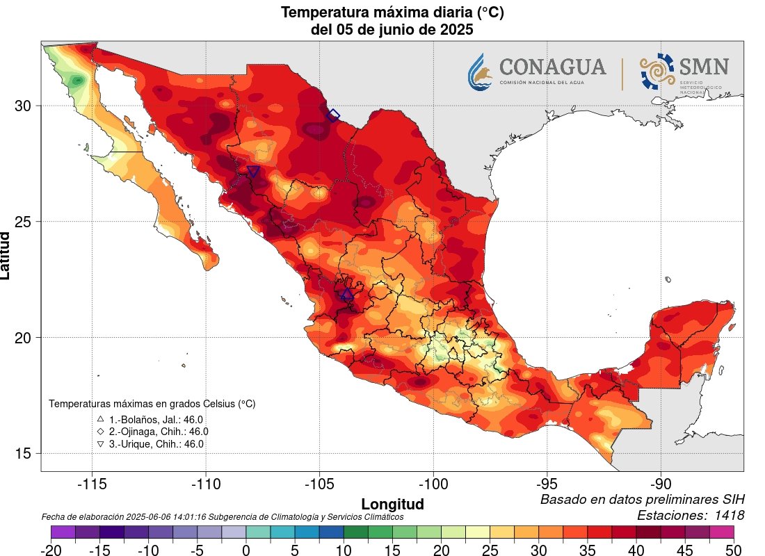 JaliscoTV's tweet photo. La comunidad de Bolaños, Jalisco, registró el pasado 5 de junio una temperatura histórica de 46°C, según datos del Servicio Meteorológico Nacional (SMN). Este nuevo récord refleja la intensidad de la actual ola de calor que afecta a varias regiones del país.

Autoridades recomiendan extremar precauciones, mantenerse hidratado y evitar la exposición prolongada al sol, especialmente en horarios de mayor radiación. ☀️🌡️