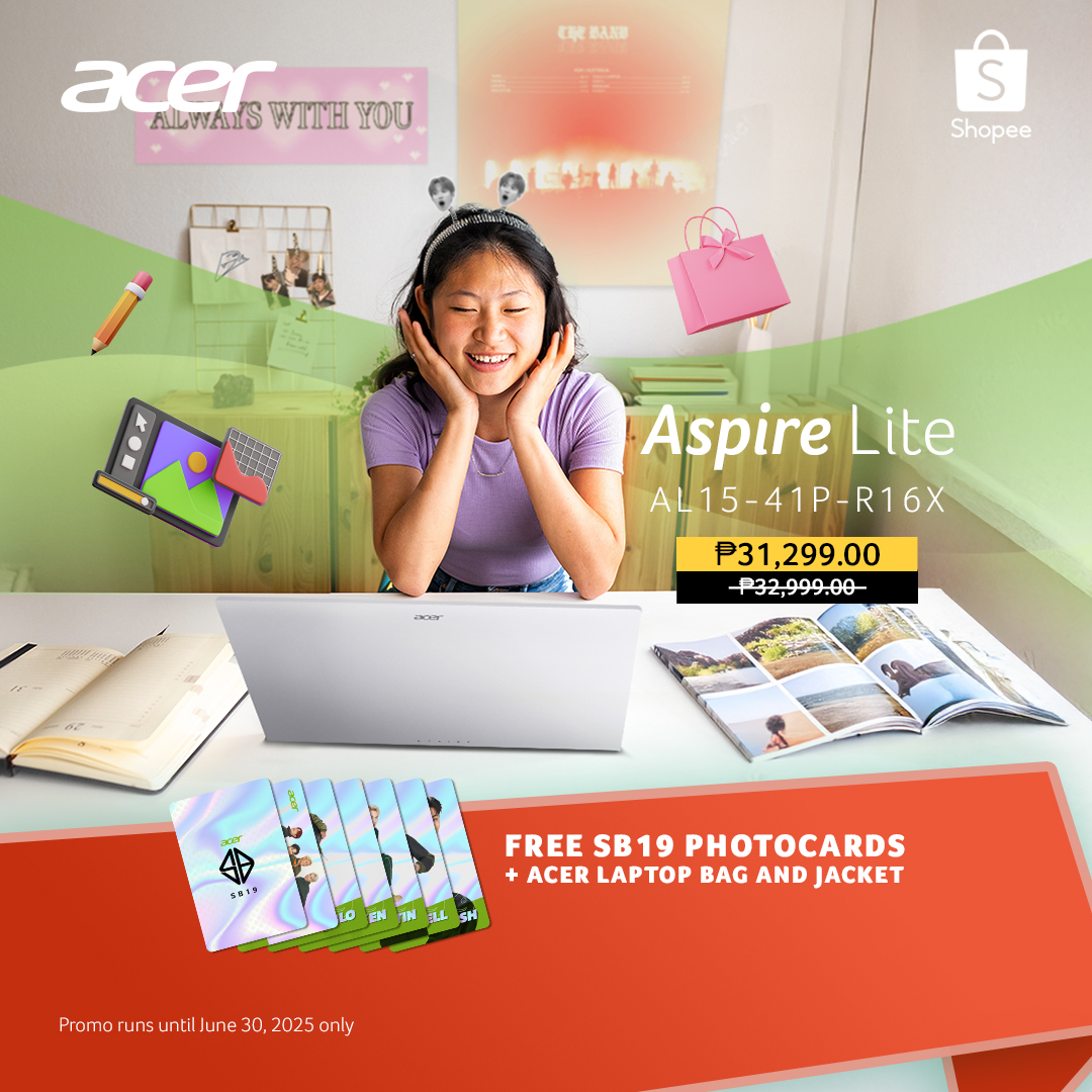 Buying a laptop just for the SB19 photocards? 🥹

Go for it, bestie. The Acer Aspire Lite is now only ₱31,499 + mega discount vouchers, 0% installment via SPayLater, and all the freebies. Add to cart [bit.ly/4kraZzs] while supplies last! This Shopee-exclusive deal ends