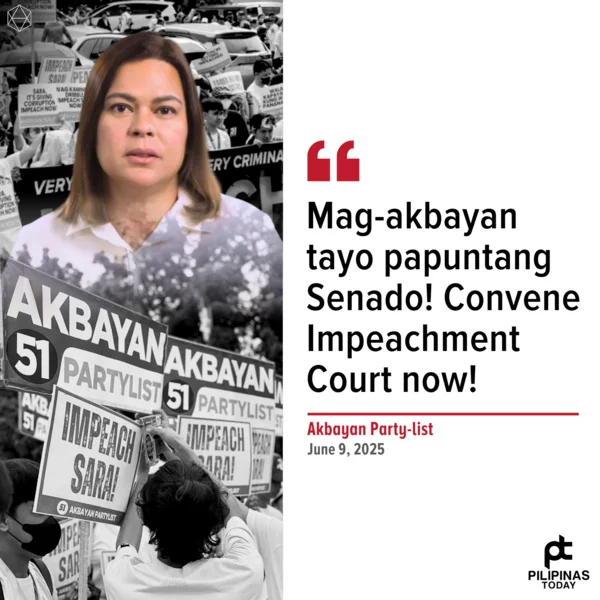 PilipinasToday_'s tweet photo. "Good morning! Ready na ba kayo? Kitakits mamaya sa Senado! ✊

Magsisimula ang People’s March sa Manila Film Center papuntang Senado nang 9:30 PM. Mag-akbayan tayo papuntang Senado!

Convene Impeachment Court now!"

#PilipinasToday
#Akbayan
#VPSaraDuterte
#SaraDuterte
#Duterte
#Impeachment
#ImpeachSara
#ConvictSaraNow