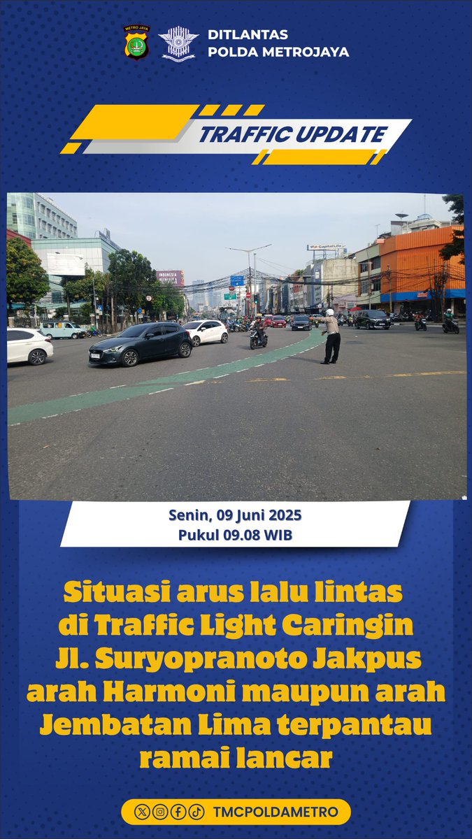 09.06 Situasi arus lalu lintas di Traffic Light Caringin Jl. Suryopranoto Jakpus arah Harmoni maupun arah Jembatan Lima terpantau ramai lancar.