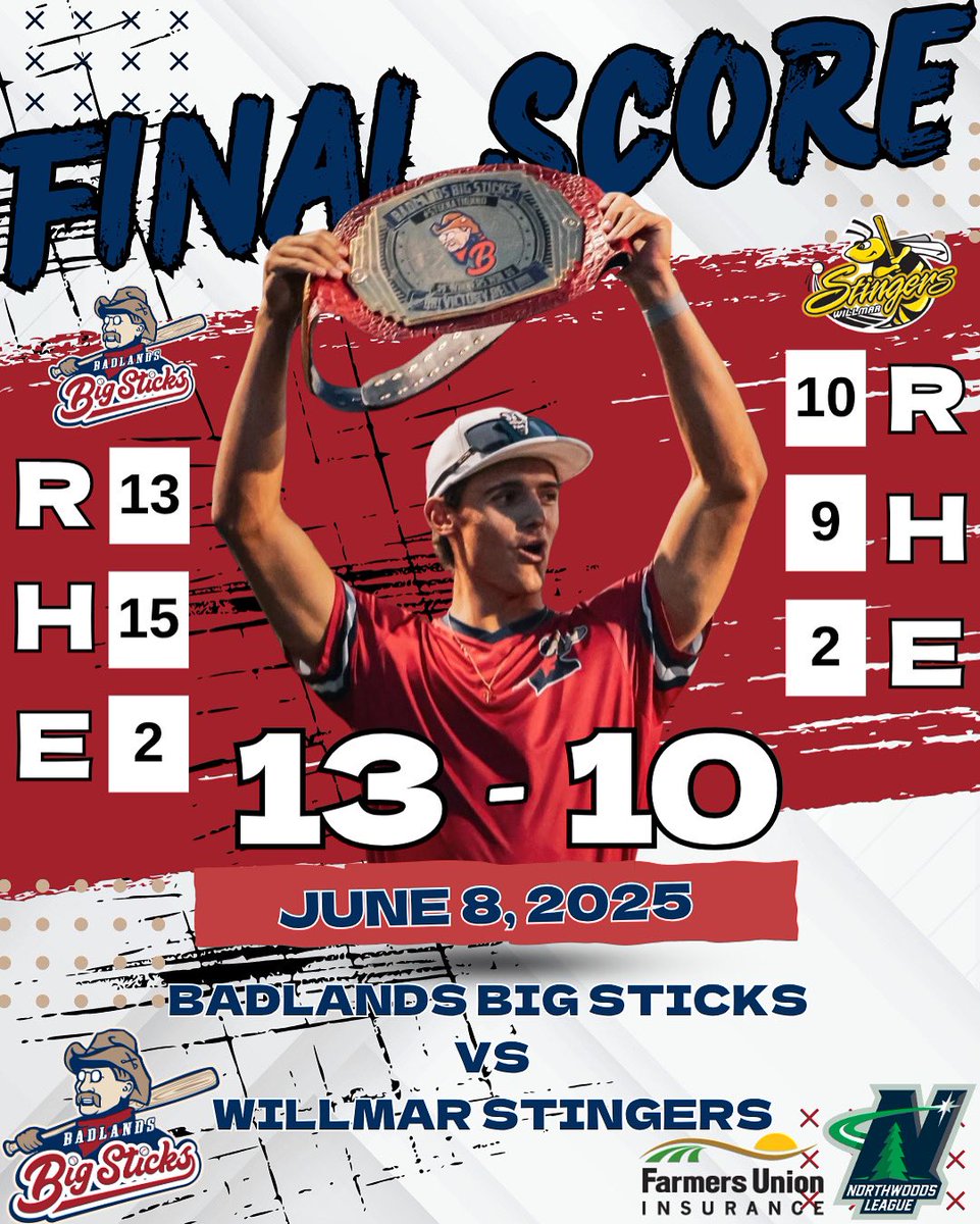 THE STICKS ARE UP!!! 
- wow!! What a fun game to watch!! Thank you all for being here, and supporting your favorite team!! WE LOVE ALL OF YOU!!!

#northwoodsleague #badlandsbigsticks #baseball #W #dub #stixareup