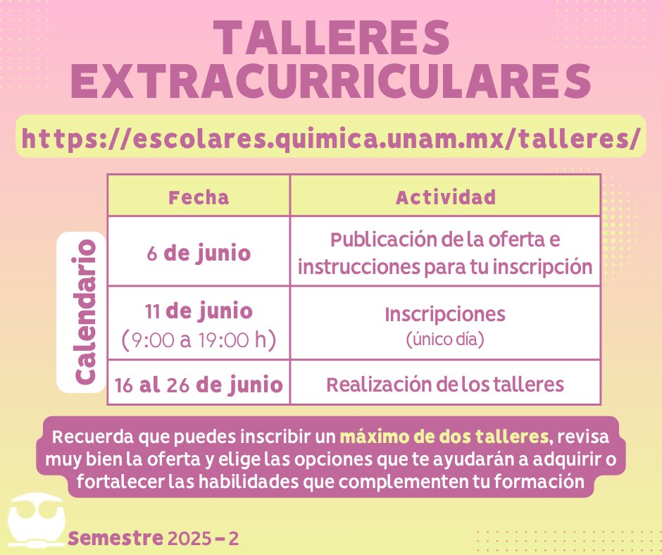 Consulta la oferta de los Talleres Extracurriculares semestre 2025-2 🤓 Recuerda que puedes inscribir un máximo de dos talleres.
🔗 bit.ly/43RqA4u
#TalleresExtracurriculares #SomosFQ