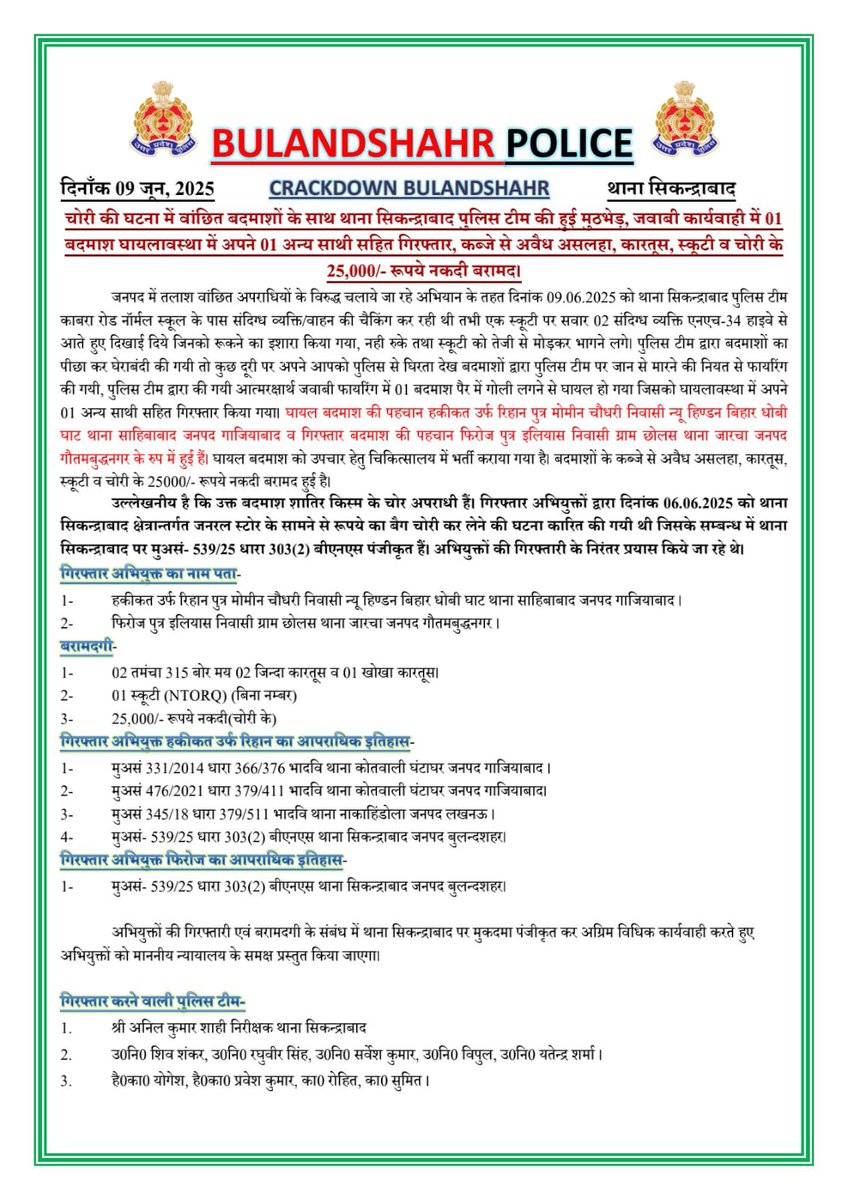 bulandshahrpol's tweet image. #CRACKDOWN BULANDSHAHR POLICE  
चोरी की घटना में वांछित बदमाशों के साथ थाना सिकन्द्राबाद पुलिस टीम की हुई मुठभेड़, जवाबी कार्यवाही में 01 बदमाश घायलावस्था में अपने 01 अन्य साथी सहित गिरफ्तार, कब्जे से अवैध असलहा, कारतूस, स्कूटी व चोरी के 25,000/- रूपये नकदी बरामद।
#UPPolice