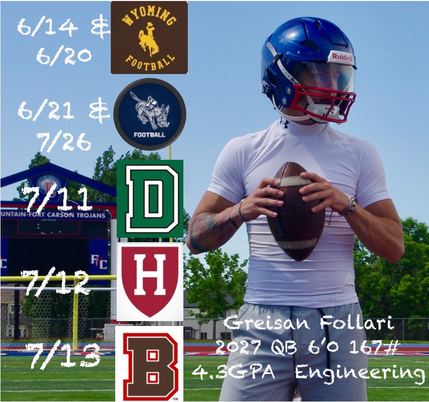 Greisan Follari-Jespersen (@greisanfollari) on Twitter photo Unbelievably grateful and excited for camp invites from <a href="/wyo_football/">Wyoming Cowboy Football</a> (6/14&20), <a href="/MinesFootball/">Mines Football</a> (6/21&7/26), <a href="/DartmouthFTBL/">Dartmouth Football</a> (7/11), <a href="/HarvardFootball/">Harvard Football</a> (7/12), <a href="/BrownU_Football/">Brown Bears Football</a> (7/13)!
Thank you, coaches!! <a href="/JamoBrown_/">Jamison Brown</a> <a href="/coachTthomas6/">Tripp Thomas</a> , <a href="/coachirishodea/">Danny O'Dea</a> , <a href="/Coach_Aurich/">Andrew Aurich</a> , Unbelievably grateful and excited for camp invites from <a href="/wyo_football/">Wyoming Cowboy Football</a> (6/14&20), <a href="/MinesFootball/">Mines Football</a> (6/21&7/26), <a href="/DartmouthFTBL/">Dartmouth Football</a> (7/11), <a href="/HarvardFootball/">Harvard Football</a> (7/12), <a href="/BrownU_Football/">Brown Bears Football</a> (7/13)!
Thank you, coaches!! <a href="/JamoBrown_/">Jamison Brown</a> <a href="/coachTthomas6/">Tripp Thomas</a> , <a href="/coachirishodea/">Danny O'Dea</a> , <a href="/Coach_Aurich/">Andrew Aurich</a> ,