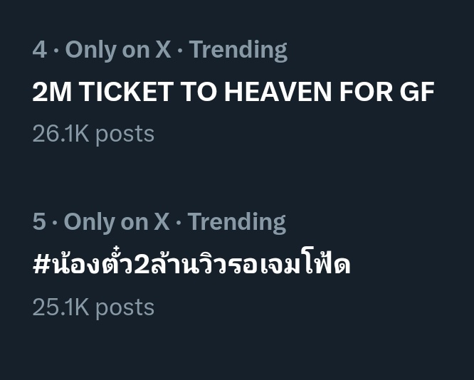 Trend update ✨️ 
No. 1, 2 in Malaysia 🇲🇾 
No. 4, 5 in Indonesia 🇮🇩 

2M TICKET TO HEAVEN FOR GF 
#น้องตั๋ว2ล้านวิวรอเจมโฟ้ด
#GeminiFourth #เจมีไนน์โฟร์ท
