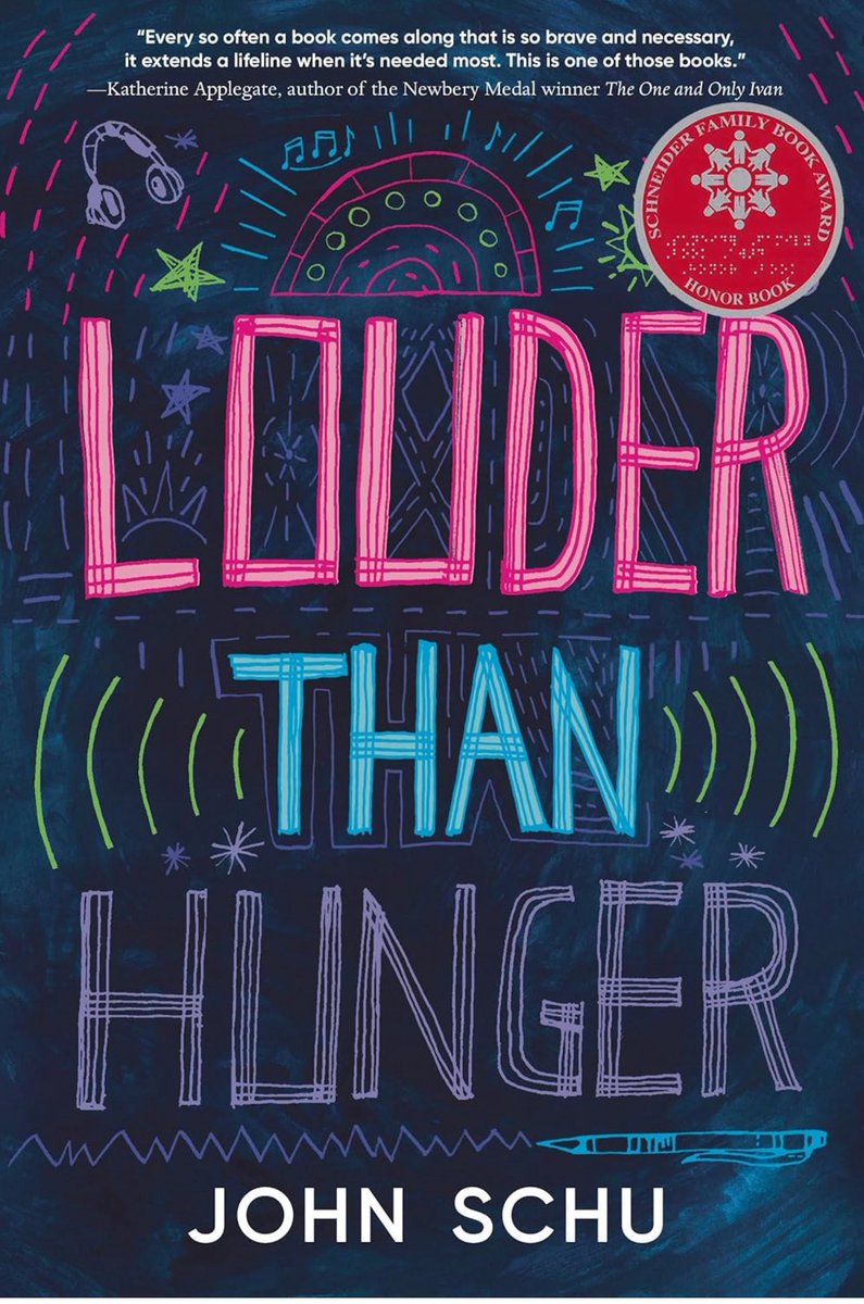 RelaWorsham's tweet image. Summer 2025 Read #7 Louder Than Hunger by John Schu. This was a hard read. Jake battles loneliness &amp;amp; fear, which manifests as an eating disorder. With help, he works to ignore the Voice that says he isn’t worthy of taking up space. He learns “hope is the thing with feathers.”
