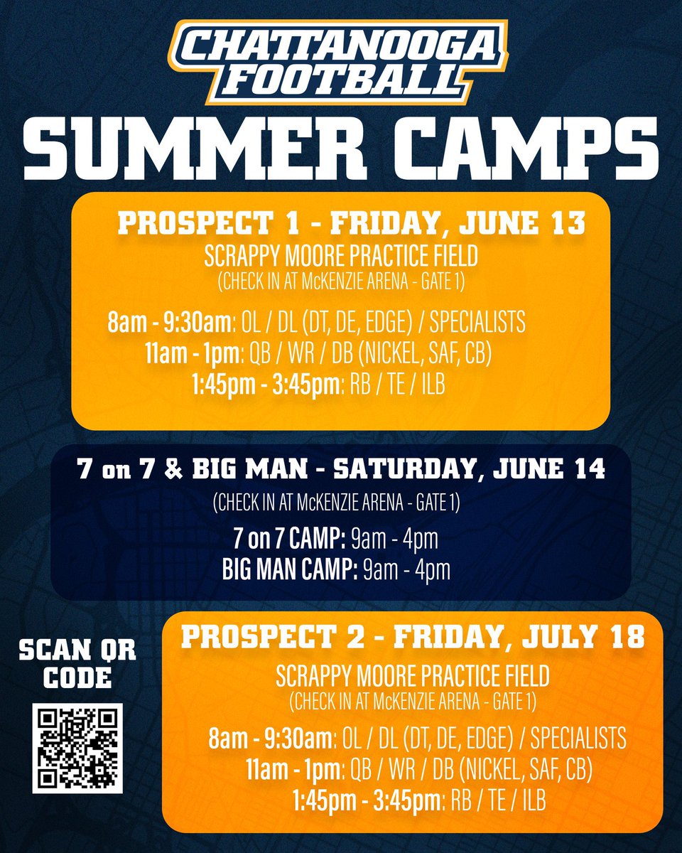 Zeb Speir (@zeb_speir) on Twitter photo Come camp with us and earn an offer, happens every year!! <a href="/GoMocsFB/">Chattanooga Football</a>
🔗: …attanoogafootballcamps.totalcamps.com/shop/EVENT Come camp with us and earn an offer, happens every year!! <a href="/GoMocsFB/">Chattanooga Football</a>
🔗: …attanoogafootballcamps.totalcamps.com/shop/EVENT