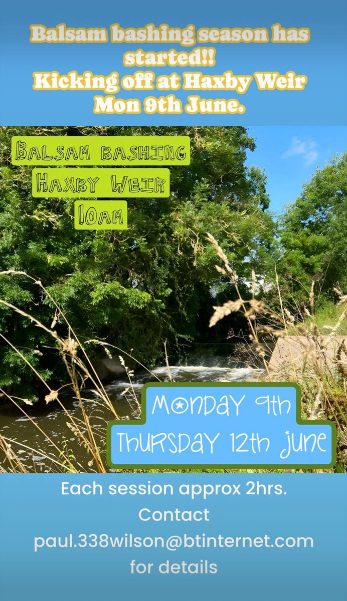 Balsam bashing commencing!!
Free, outdoor exercise while helping to conserve the river.
It’s great fun.
Sessions along the Foss over the next couple of months #BalsamBashing #HimalayanBalsam #INNS