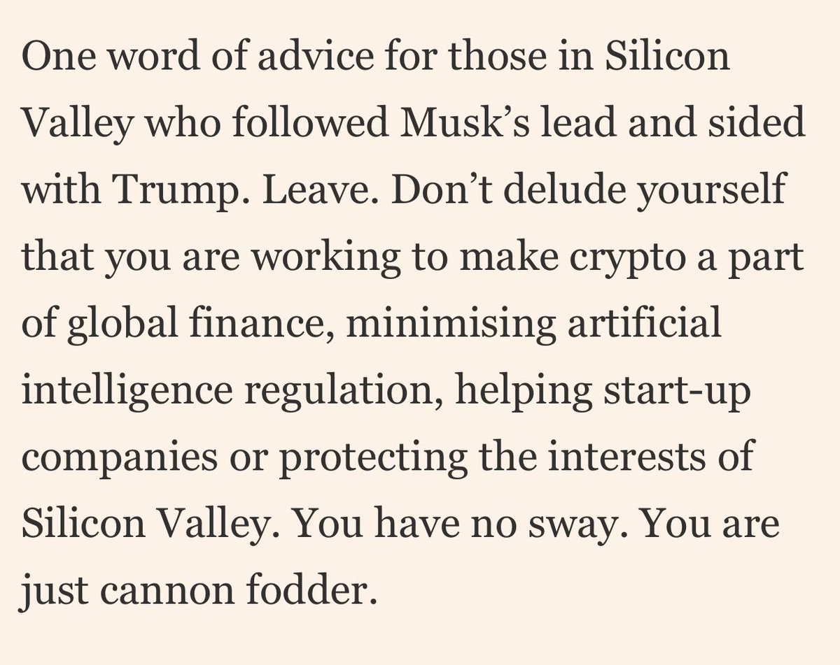 “One word of advice for those in Silicon Valley who sided w/ Trump — don’t delude yourself. You have no sway. You are cannon fodder.”

ft.com/content/c779b3… via <a href="/FT/">Financial Times</a>