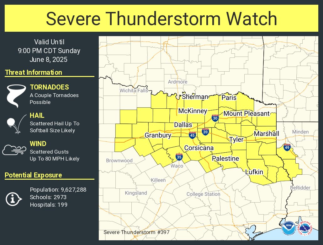 A severe thunderstorm watch has been issued for parts of Louisiana and Texas until 9 PM CDT