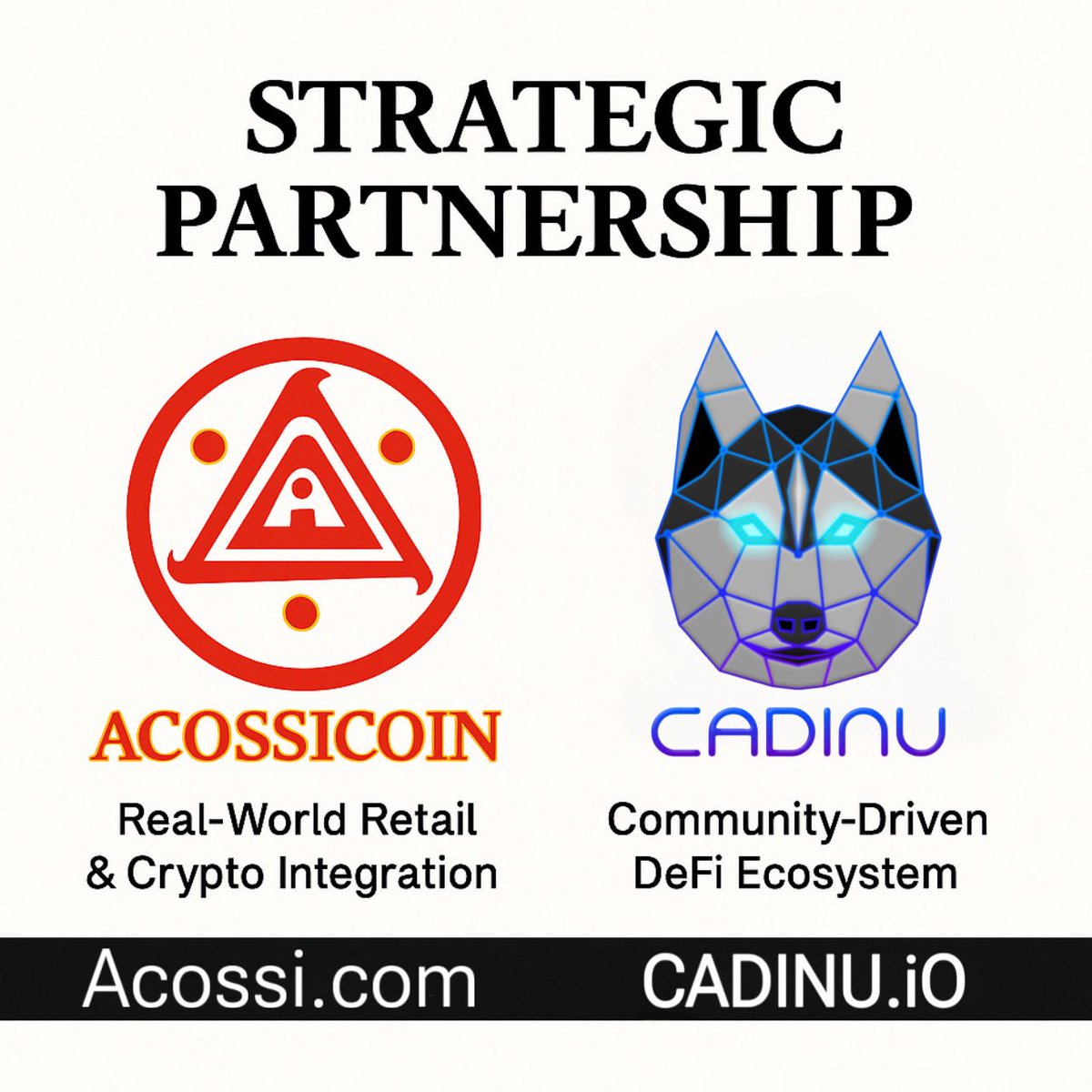 🤝 CADINU × AcossiCoin – Level 1 Partnership

We’re pleased to introduce @AcossiCoin — a pioneering project aiming to revolutionize retail shopping and media through blockchain technology and real-world crypto integration. 🛍️📱

This Level 1 Partnership means mutual exposure — no