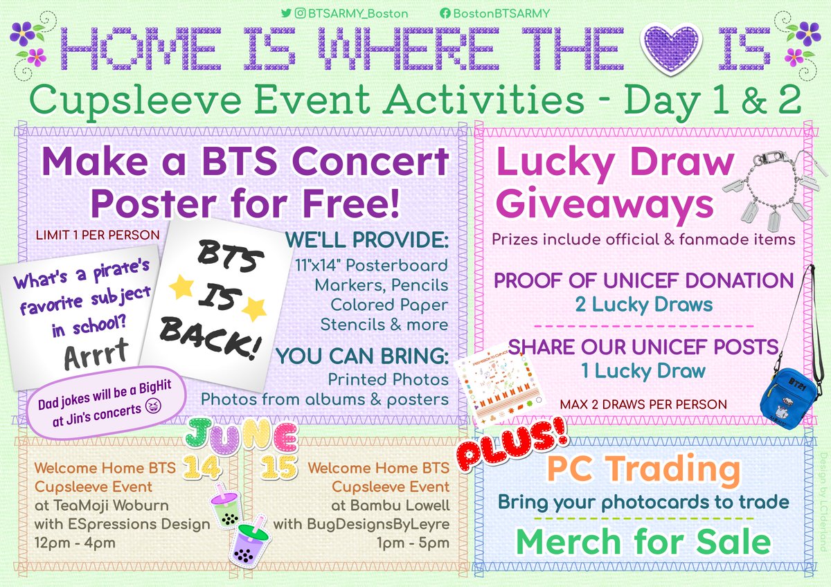 BTSARMY_Boston's tweet photo. We can't wait to see you next weekend for our Welcome Home BTS cupsleeve events!

Enjoy these activities both days:

✍ CONCERT POSTER MAKING - We'll provide supplies but you can bring photos to add
💞 GIVEAWAYS - Donate or share our UNICEF fundraiser for a chance to win

+ https://t.co/ec5qpipq1w