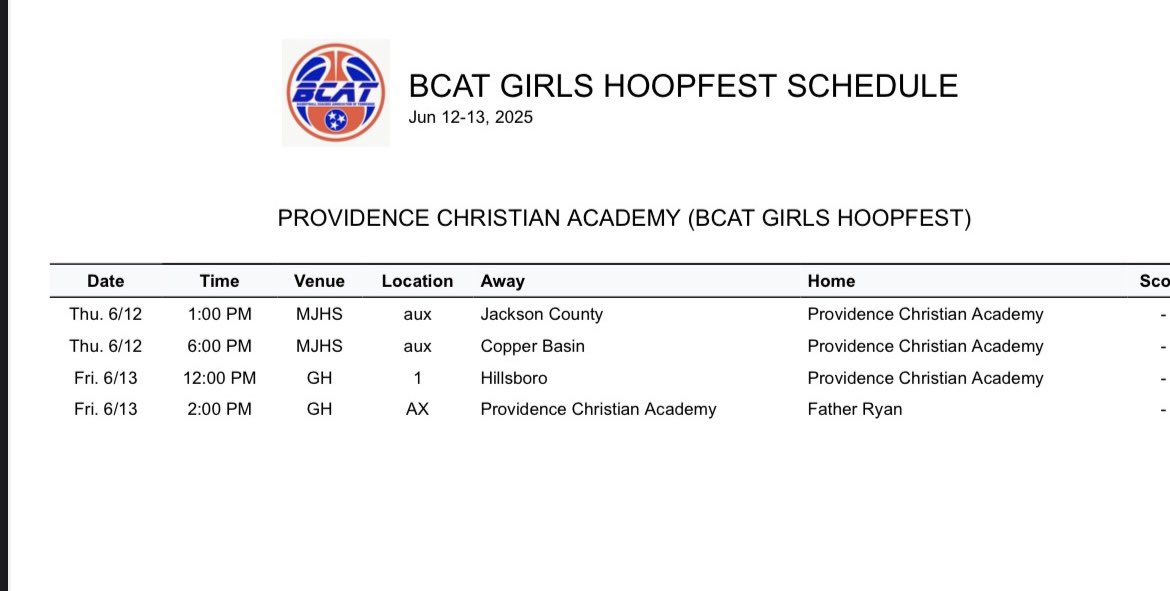 PCA schedule at BCAT 🏀