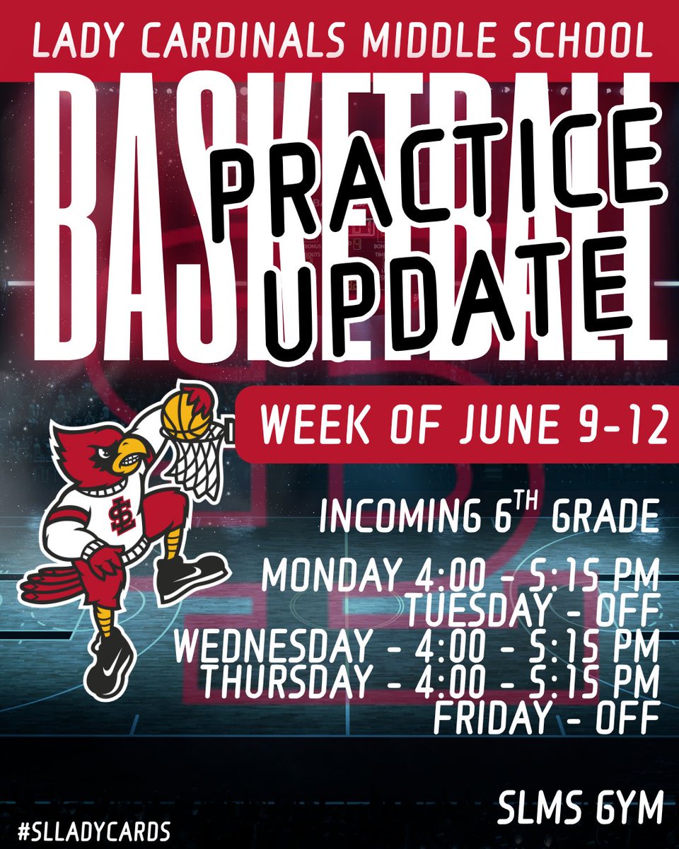 ‼️ UPDATED SCHEDULE‼️

🏀✨ Attention all incoming 6th Grade Girls Basketball Team! 🏀✨ Here’s the practice schedule for this week! 🗓️ 

See you in the gym, ladies! 

#SLLadyCards