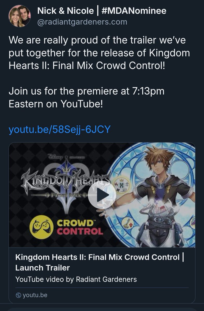 The amazing duo are at it again! Catch the @.radiantgardenrs over on YouTube for the premiere for the KH2 Crowd Control which I (minorly) helped with!

They've poured many hours into integrating this with CC and also play testing it!

youtu.be/58Sejj-6JCY