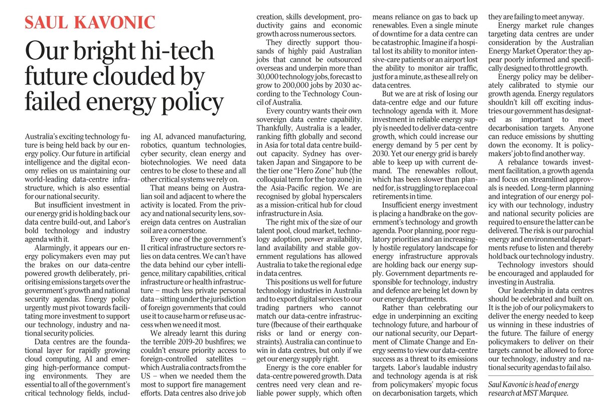 Australia’s exciting technology future – and our national security - is being held back by our energy policy.

AI and the digital economy rely on our world leading data centers

🇦🇺Oz is top 5 in world, and a Tier 1 ‘Hero Zone’ hub in Asia for data centres

👨‍💻But we are at risk of