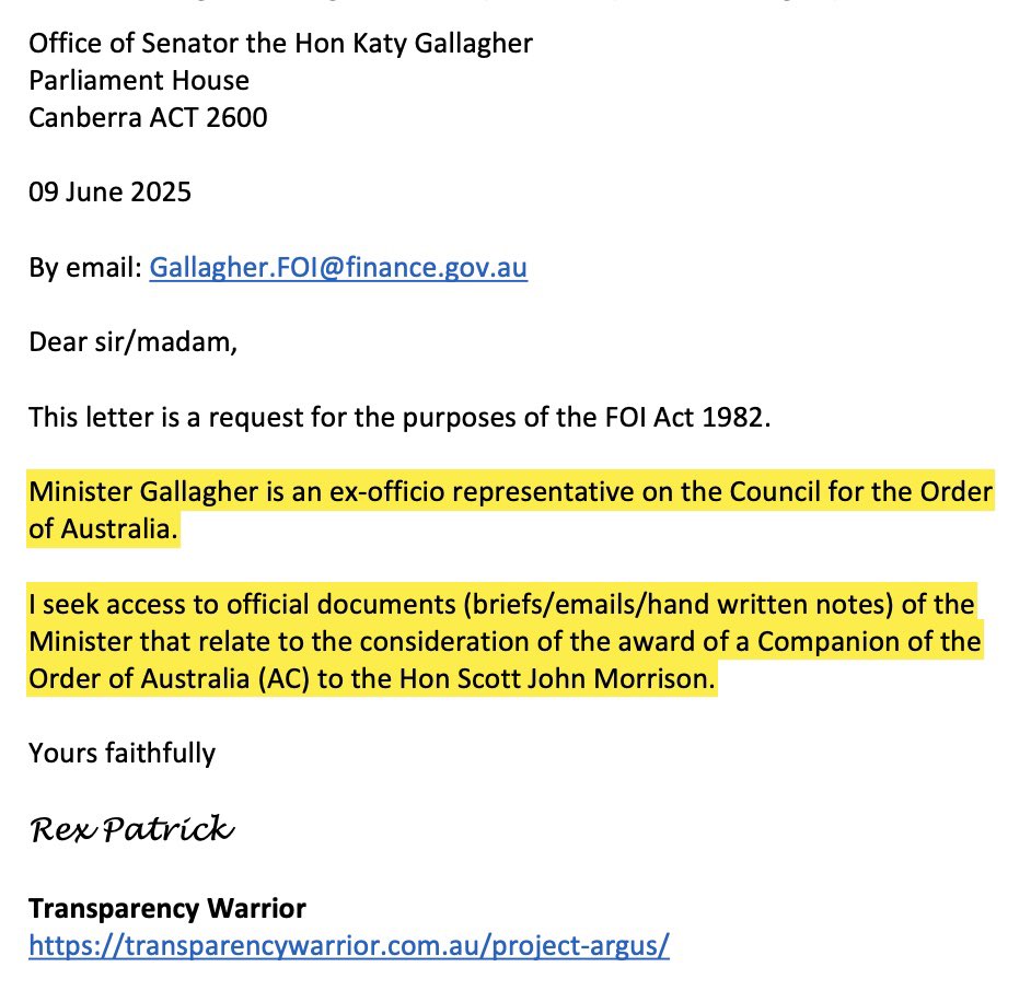 MrRexPatrick's tweet image. .@SenKatyG, did you support the awarding of a Companion of the Order of Australia to Scott Morrison? #FOI #auspol