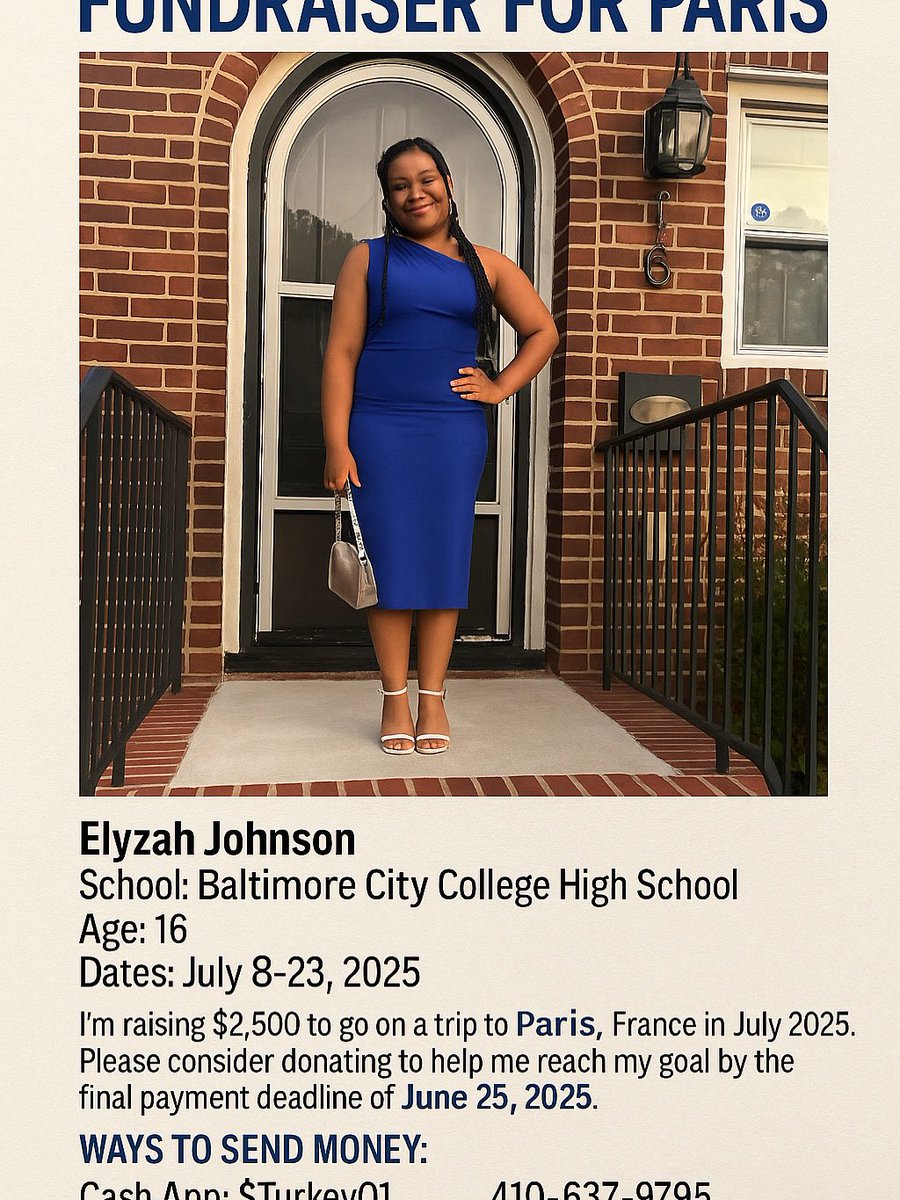 TreMurphy's tweet image. ✨ Help Elyzah get to Paris! 🇫🇷
My 16-year-old daughter Elyzah, an honor roll student at Baltimore City College High School, is raising $2,500 for a school trip to Paris this July! ✈️🗼

Donate if you can &amp;amp; share to support her journey! 💖

#FundElyzahToParis #SupportBlackGirls