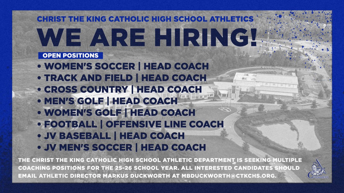 CTK Crusaders (@ctkcrusaders) on Twitter photo 🚨WE ARE HIRING MULTIPLE POSITIONS🚨
📧 Interested candidates should email Athletic Director Markus Duckworth at MBDuckworth@ctkchs.org.
#GoCrusaders | #CTK 🚨WE ARE HIRING MULTIPLE POSITIONS🚨
📧 Interested candidates should email Athletic Director Markus Duckworth at MBDuckworth@ctkchs.org.
#GoCrusaders | #CTK