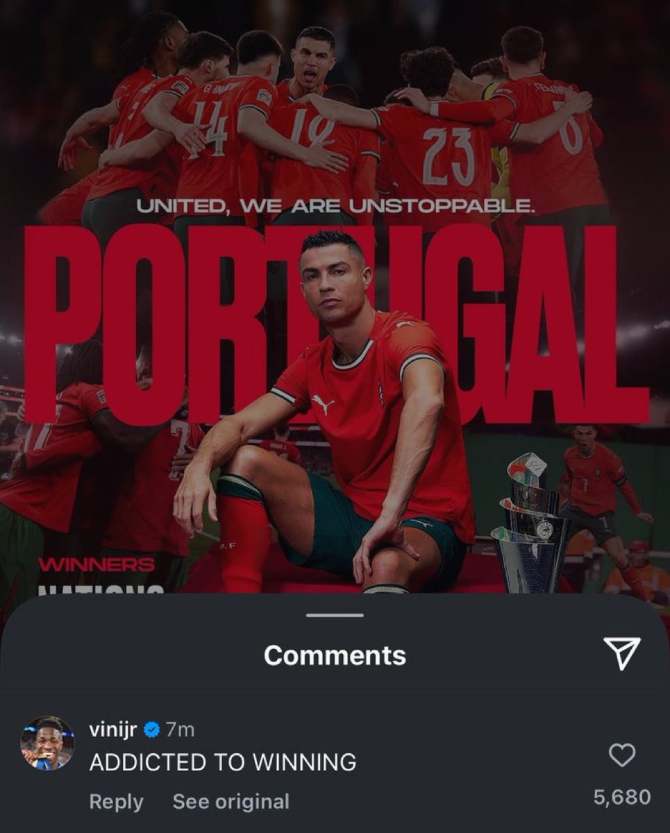 🔴🔴 Vinicius Jr réagi à la victoire du Portugal et de Cristiano Ronaldo en Ligue des Nations :

« ADDICT À LA VICTOIRE »