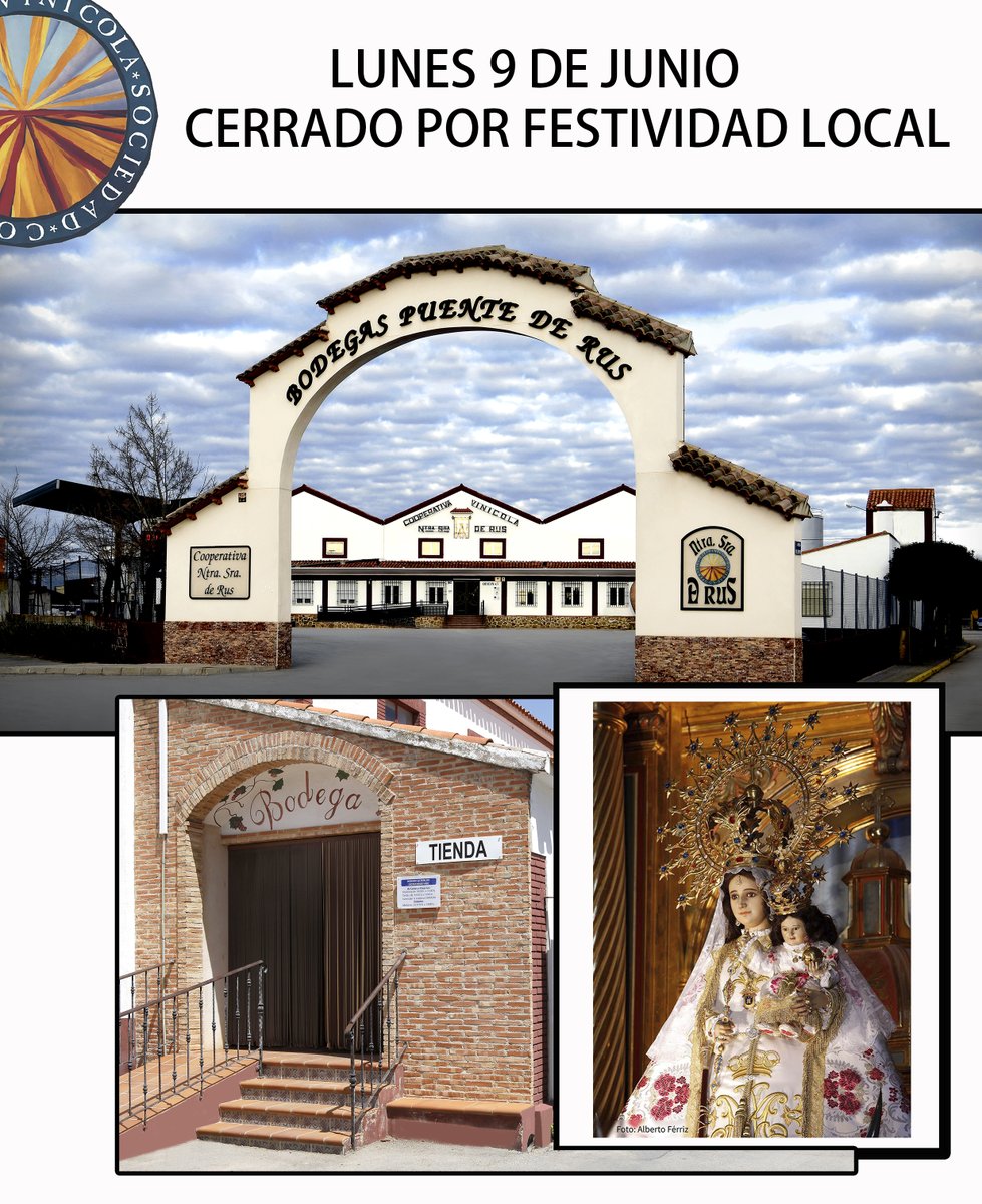 El lunes día 9 de Junio, las oficinas y tienda de Bodegas Puente de Rus, permanecerán cerradas por Festividad local. (Día de Rus).
Gracias y disculpen las molestias.
puentederus.com
