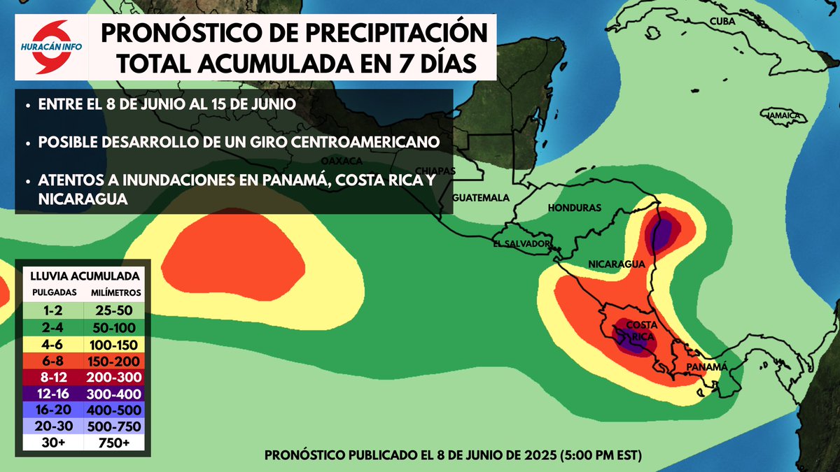 🔵PRONÓSTICO DE LLUVIA ACUMULADA EN 7 DÍAS🔵

Les compartimos un pronóstico de los acumulados de lluvia que se anticipan durante los próximos 7 días en sectores de Centroamericana por la influencia de un posible Giro Centroamericano que podría desarrollarse para mediados de esta