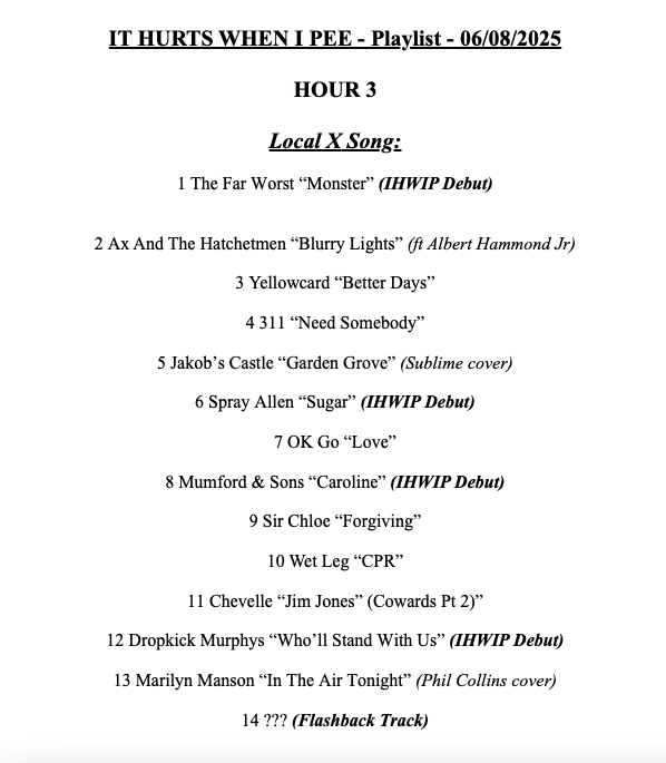 IT HURTS WHEN I PEE 8-11p PT / 11p-2a ET on <a href="/X1075LV/">X 107.5</a> w/ 14 #IHWIP Debuts! That's 1/3 of tonight's playlist... Listen on your Radio in #LasVegas, the free X107.5 app &amp; XtremeRadio.com!

#LasVegas' #TheFarWorst &amp; <a href="/thedirtyhooks/">the dirty hooks 🏴‍☠️</a> in the #LocalX!