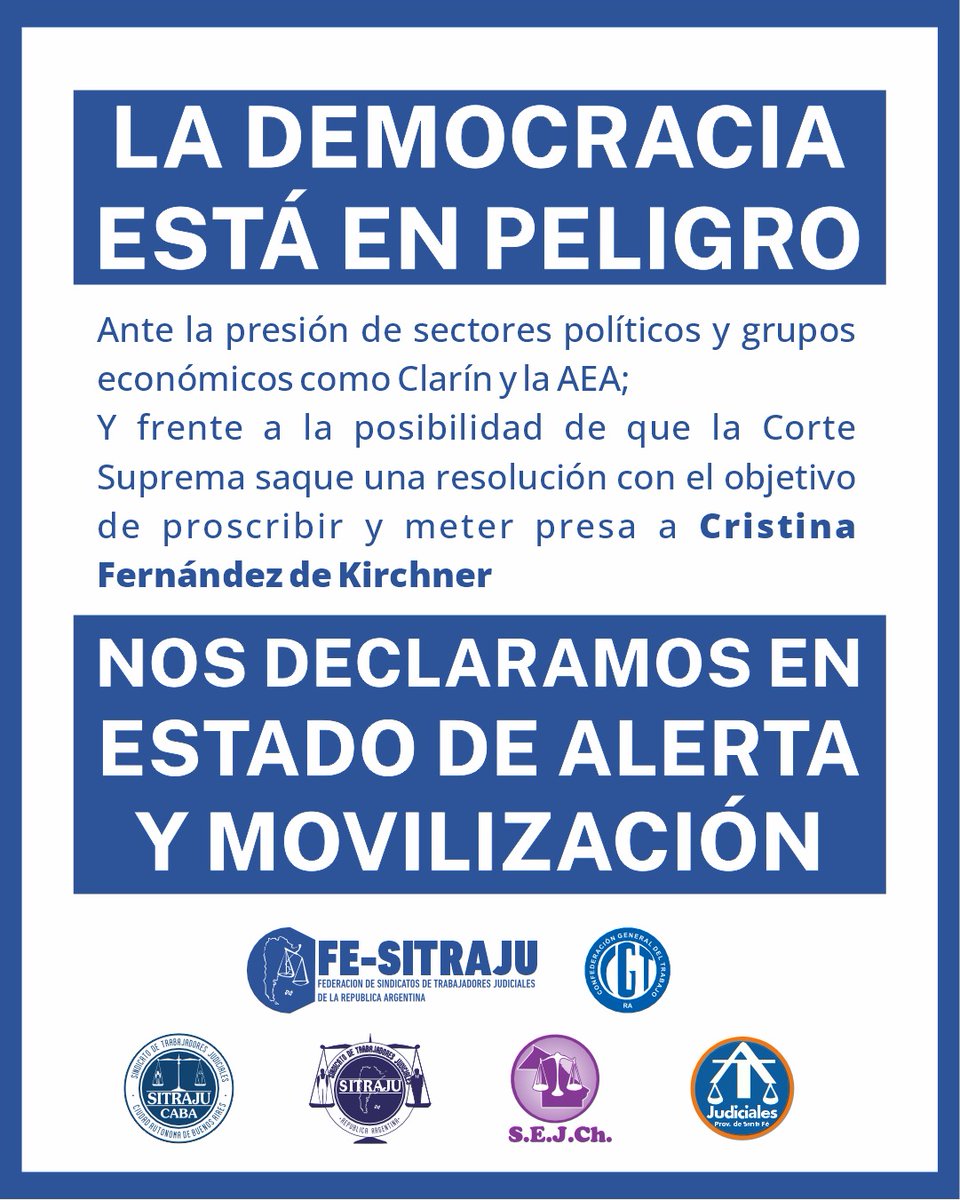 NOS DECLARAMOS EN ESTADO DE ALERTA Y MOVILIZACIÓN 
LA DEMOCRACIA ESTÁ EN PELIGRO