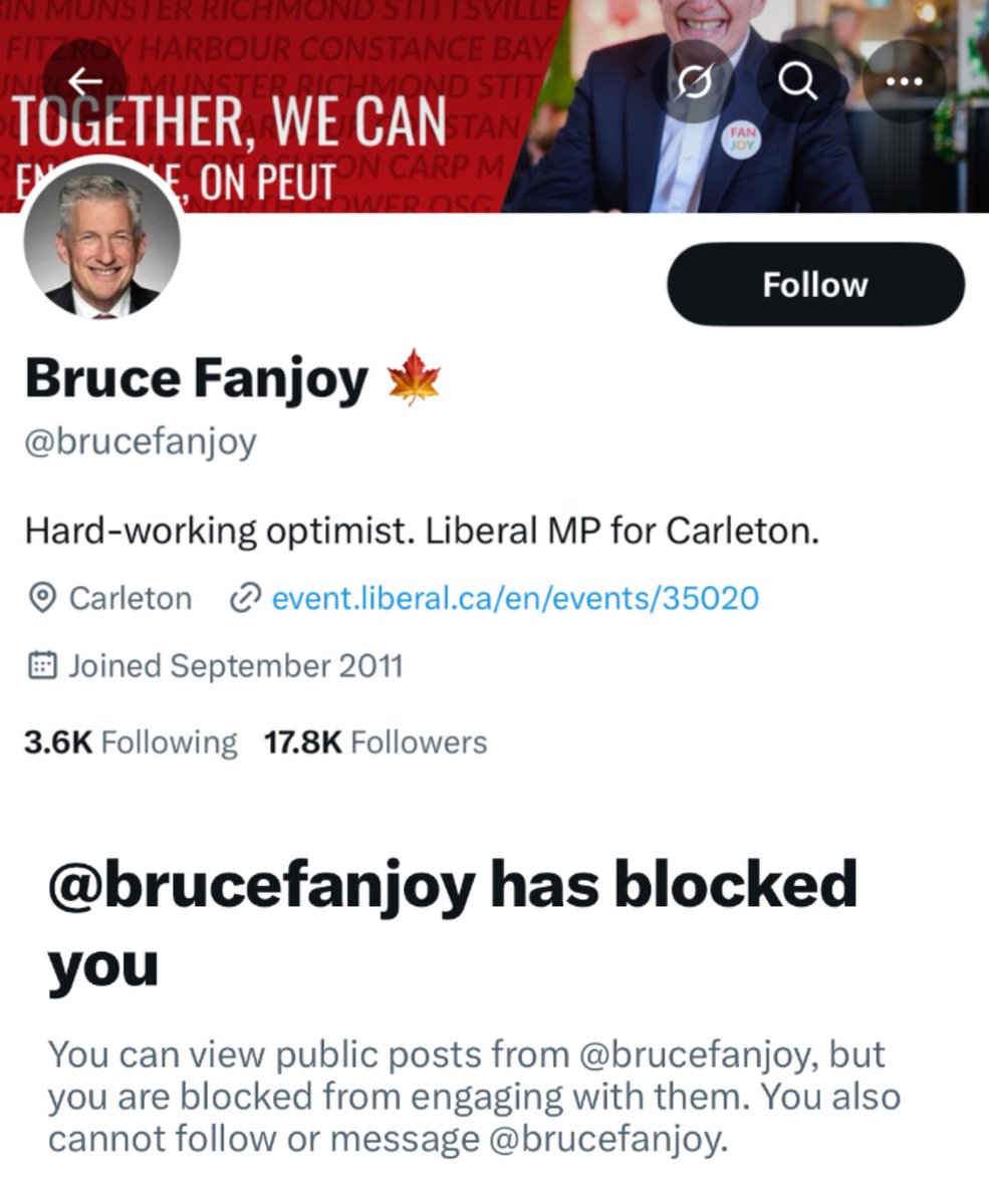 Congrats to Bruce Fanjoy.
New MP.
Big job.
Public servant.
Posts government news on X.
Also:
BLOCKED ME.

That’s right—he uses his account for official updates, but hides them from citizens.
Not just shady.
It’s illegal 

Go check you’re probably blocked too