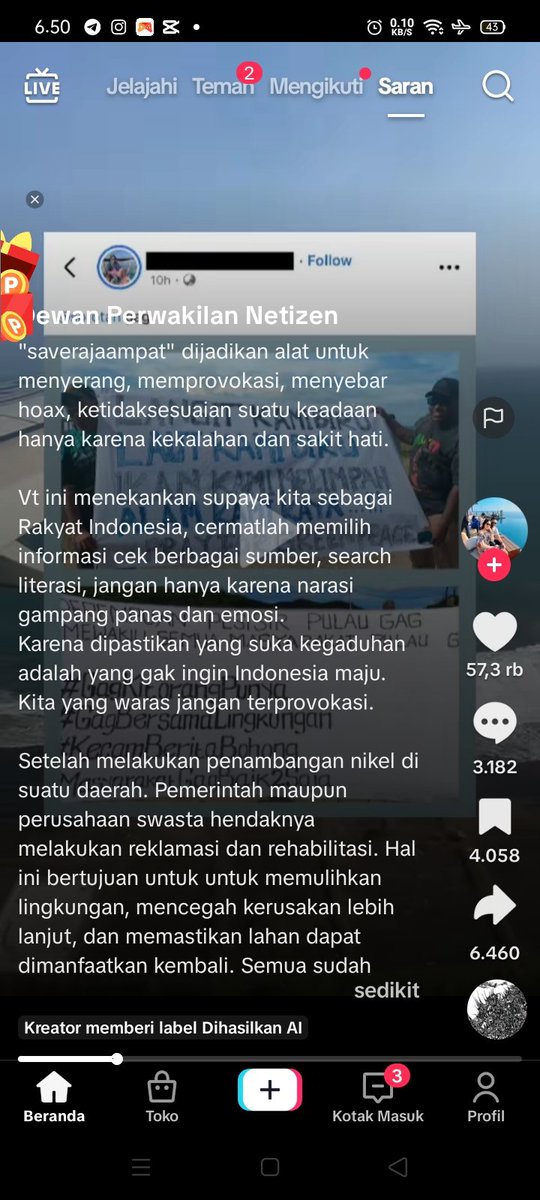 zaenzeyn's tweet photo. Warga tiktok pada buka suara GK percaya adanya kerusakan yang timbul, memang beberapa gambar yang muncul hasil AI tapi ini bukan soal AI tapi dampak kedepannya kalau dilakukan terus menerus......

Tolong ya bantu report akun ini mana rame ini #SaveRajaAmpat 
#SavePapua https://t.co/S00zfc7xZb
