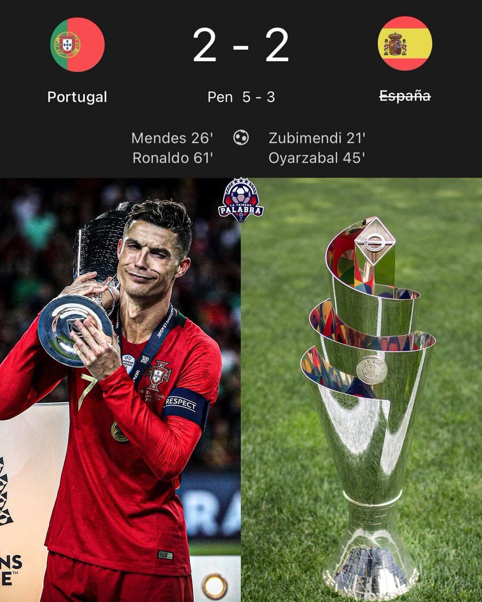 ¡¡PORTUGAL CAMPEON DE LA NATIONS LEAGUE!! 🏆🇵🇹 

Portugal le 𝗚𝗔𝗡𝗢́ 𝗘𝗡 𝗣𝗘𝗡𝗔𝗟𝗘𝗦 a España y con eso consigue su 𝟮º 𝗧𝗜́𝗧𝗨𝗟𝗢 de la Nations League.

𝗘𝗟 𝗕𝗜𝗖𝗛𝗢 𝗘𝗦 𝗖𝗔𝗠𝗣𝗘𝗢́𝗡 🥹🇵🇹