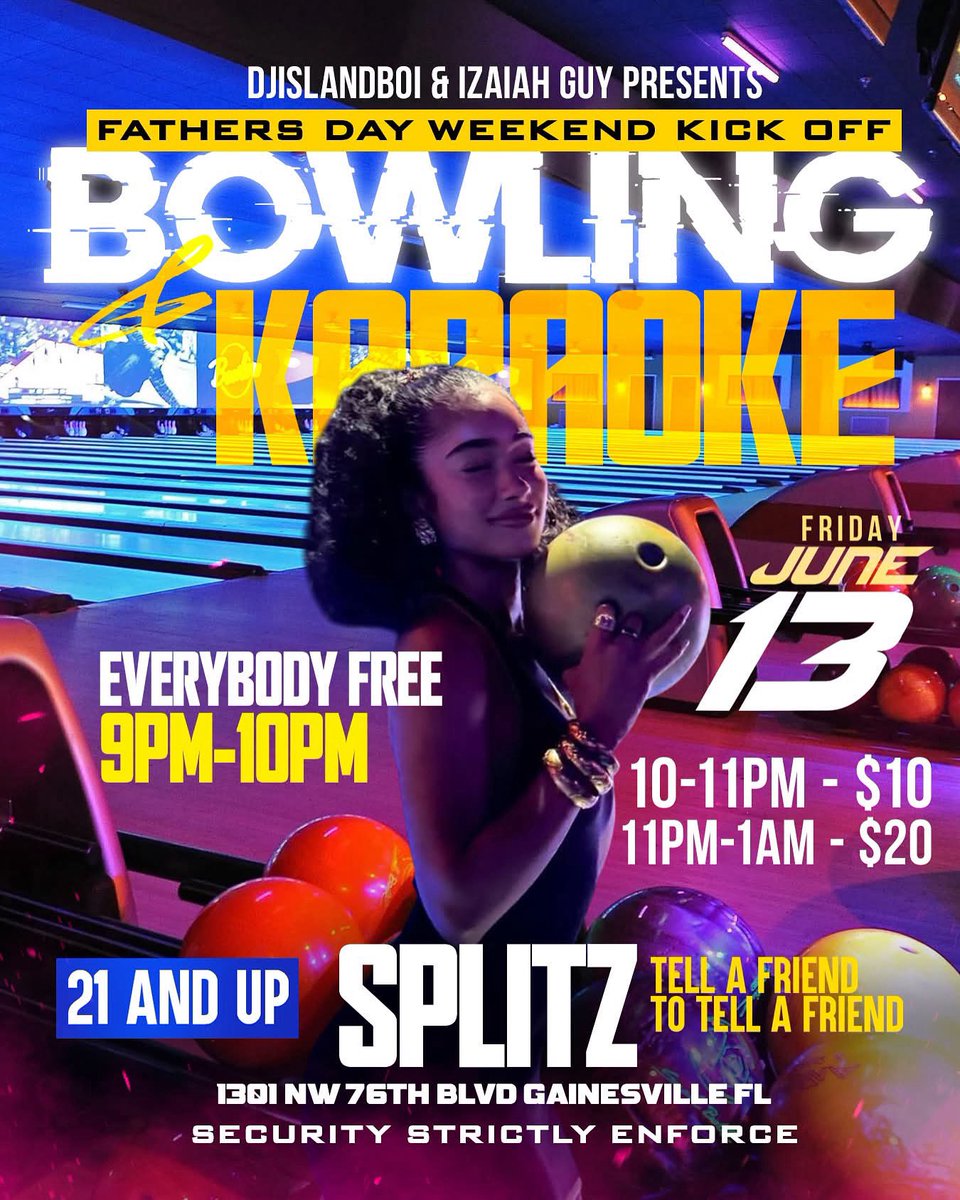 SPLITZ IS BACK 1 NIGHT ONLY 😳
•
FATHERS DAY WEEKEND KICKOFF
Bowling 🎳 + Karaoke 🎤 
21 &amp; Up ONLY! 

This Friday June 13th 📍