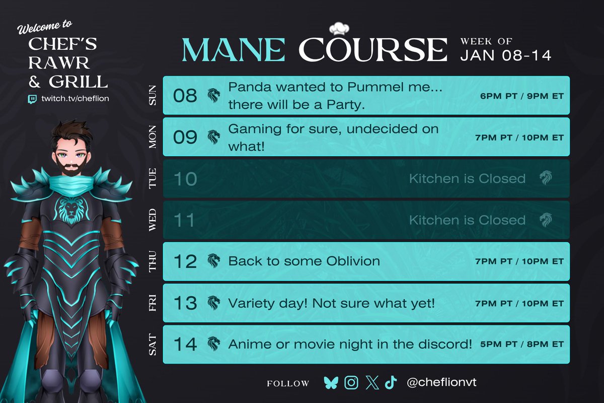 ChefLionVT's tweet photo. Big week of fun ahead kicking it off tonight getting absolutely ganged up on in Pummel Party... and not even in the fun way!
#Cheflion #Vtuber #ENVtuber #twitchstreamer #schedule https://t.co/wTzcyFlpfU